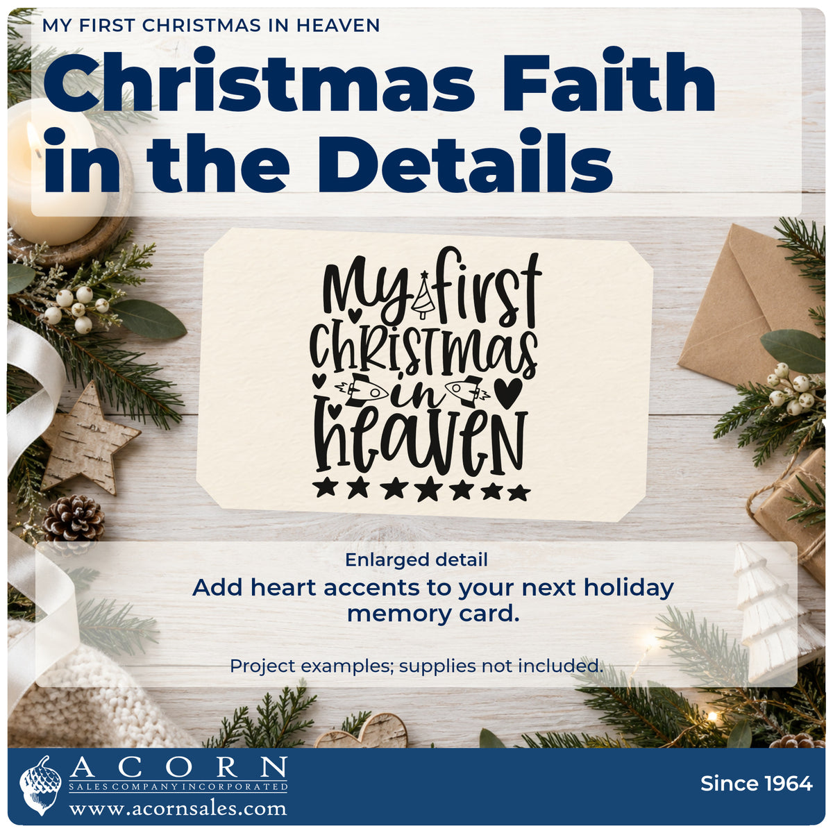 Enlarged detail of the My First Christmas In Heaven Tree Motif Hand Stamp – Duo imprint. The phrase "My first Christmas in heaven" includes a little tree, birds, hearts, and a row of stars.