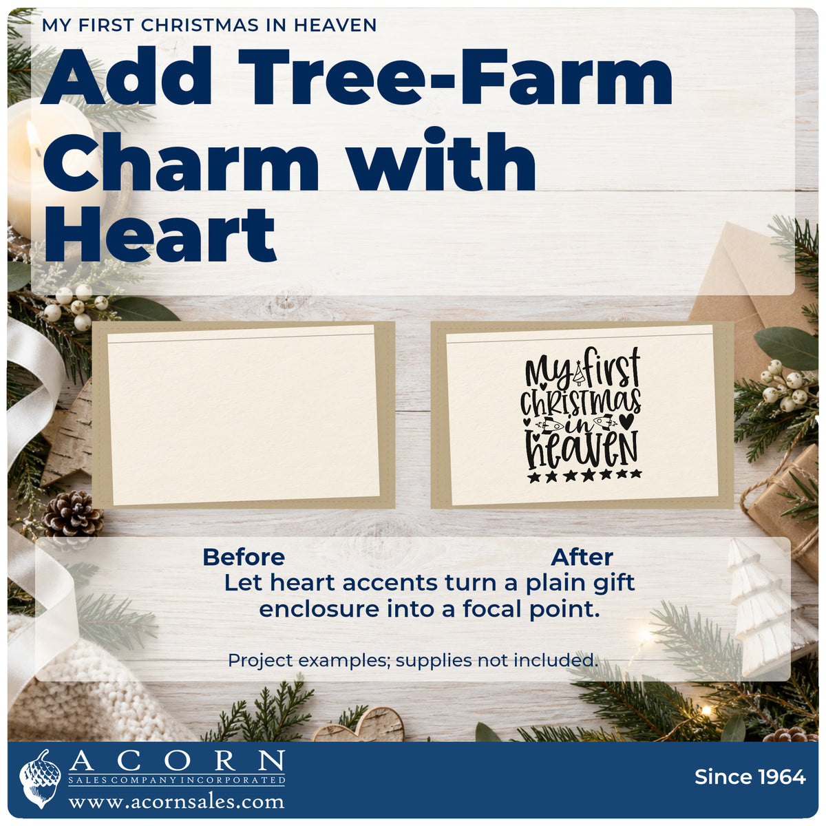 Before and after of a plain item finished with the My First Christmas In Heaven Tree Motif Premium Wooden Stamp – Vintage Pro, a quick upgrade for framed mantel piece.