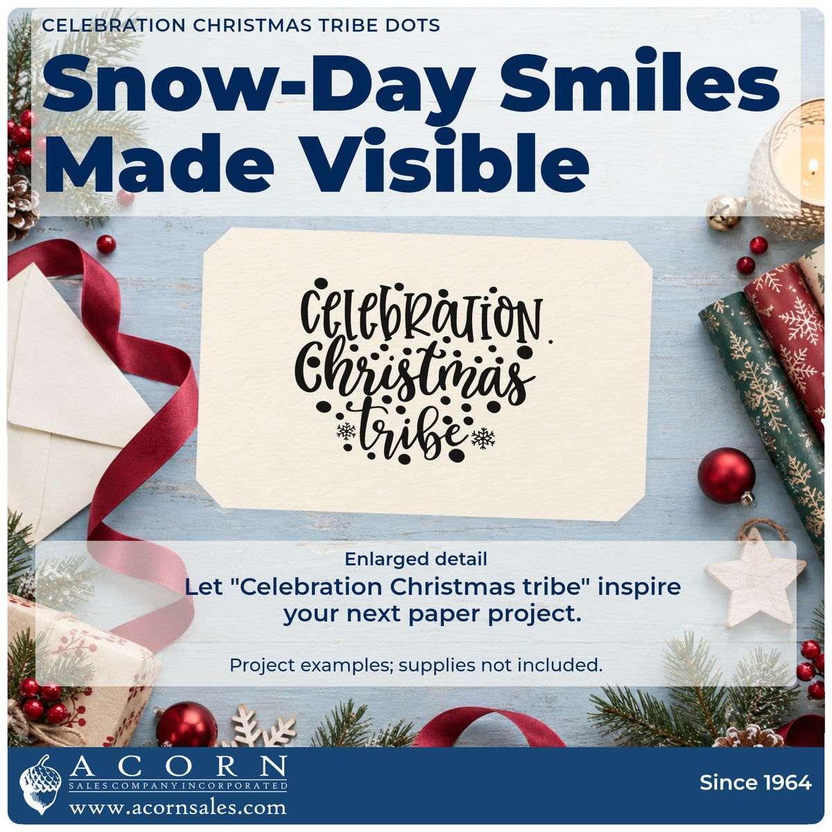 Enlarged detail of the Celebration Christmas Vibes Dots Snowflakes Craft Stamp – Self-Inking imprint. The words "Celebration Christmas vibes" appear amid scattered dots and small snowflakes.