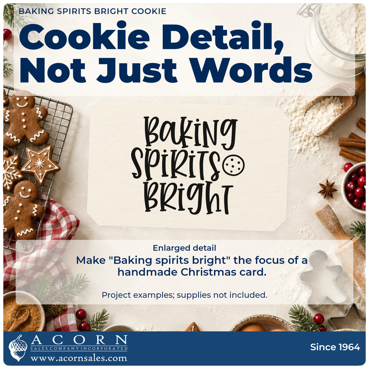 Enlarged detail of the Cookie And Baking Spirits Bright Self-Inking Stamp imprint. The words "Baking spirits bright" appear beside a round chocolate-chip cookie.