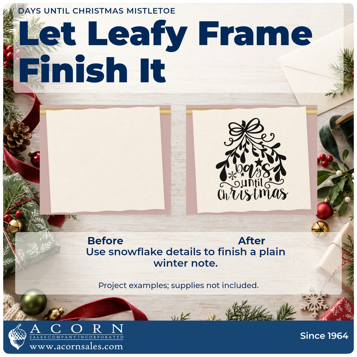 Before and after of a plain item finished with the Days Until Christmas Mistletoe Botanical Sprig Stamp – Self-Inking, a quick upgrade for framed slate panel.