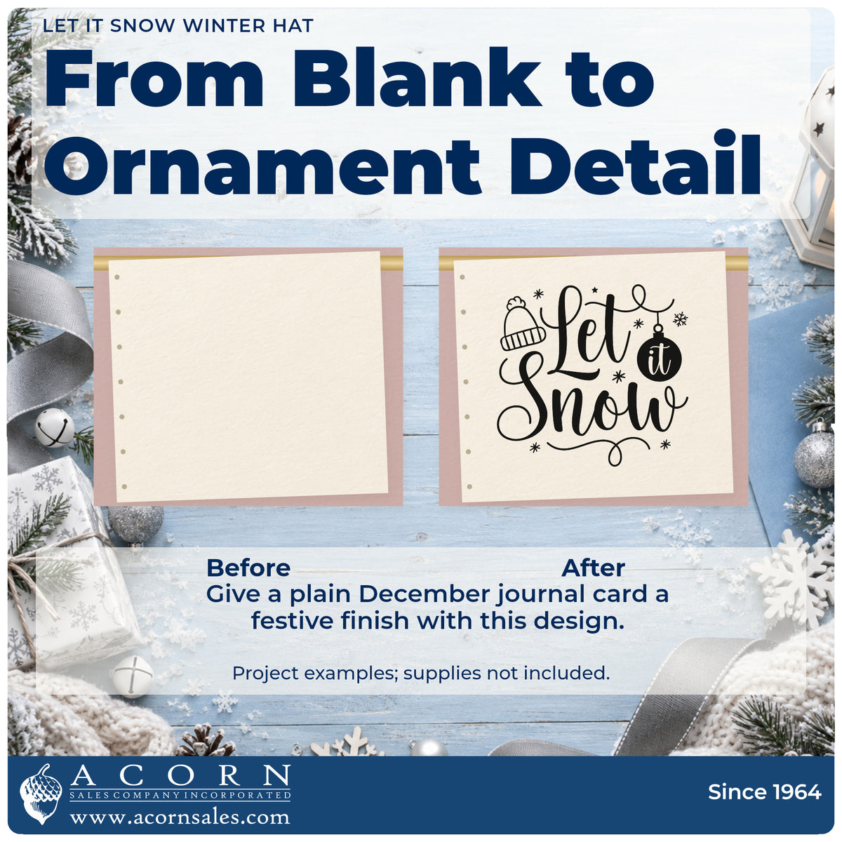 Before and after of a plain item finished with the Premium Wooden Let It Snow Winter Hat Snowflakes Stamp – Vintage Pro, a quick upgrade for framed counter wall.