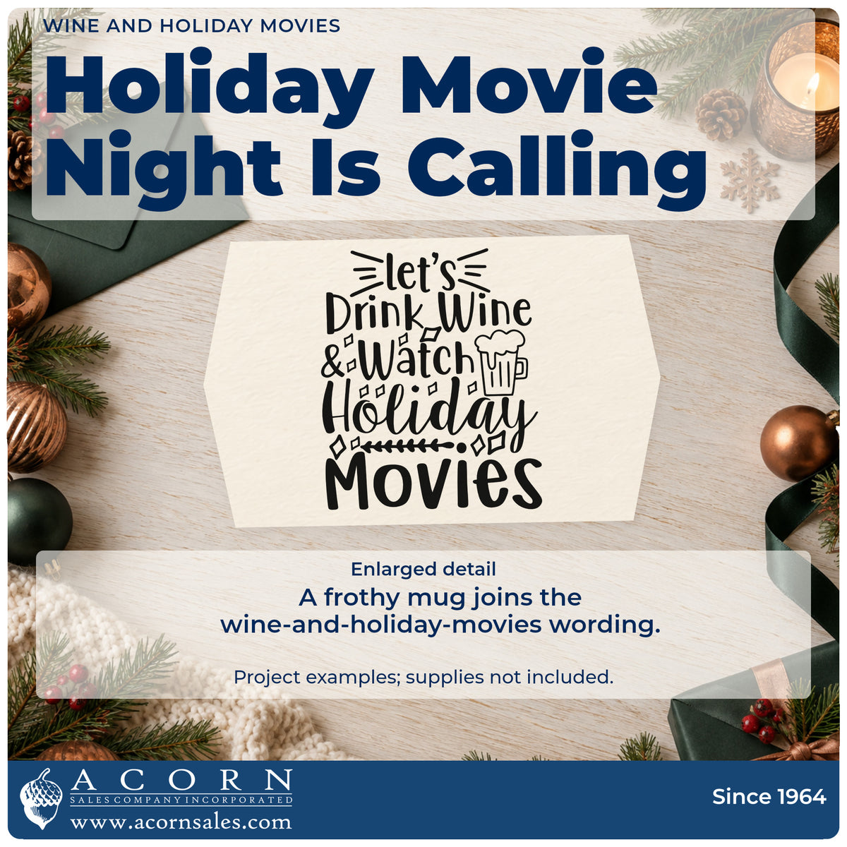 Enlarged detail of the Wine And Holiday Movies Stamp – Premium Vintage Pro Wooden imprint. The phrase "Let's drink wine & watch holiday movies" includes a frothy mug and decorative lines.