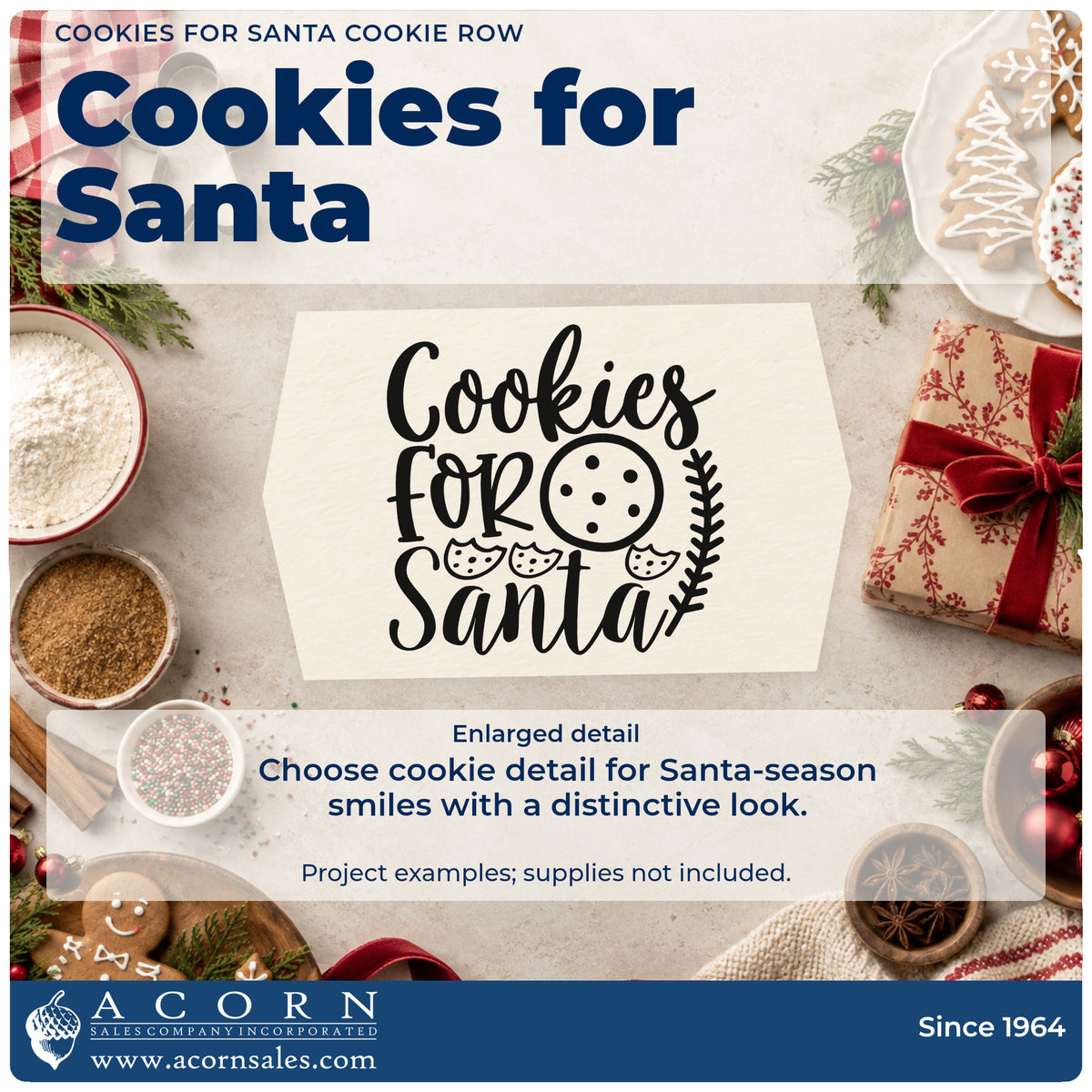 Enlarged detail of the Cookies For Santa Cookie Row Botanical Sprig Self-Inking Stamp imprint. The words "Cookies for Santa" include a large round cookie, a row of small cookies, and a leafy sprig.
