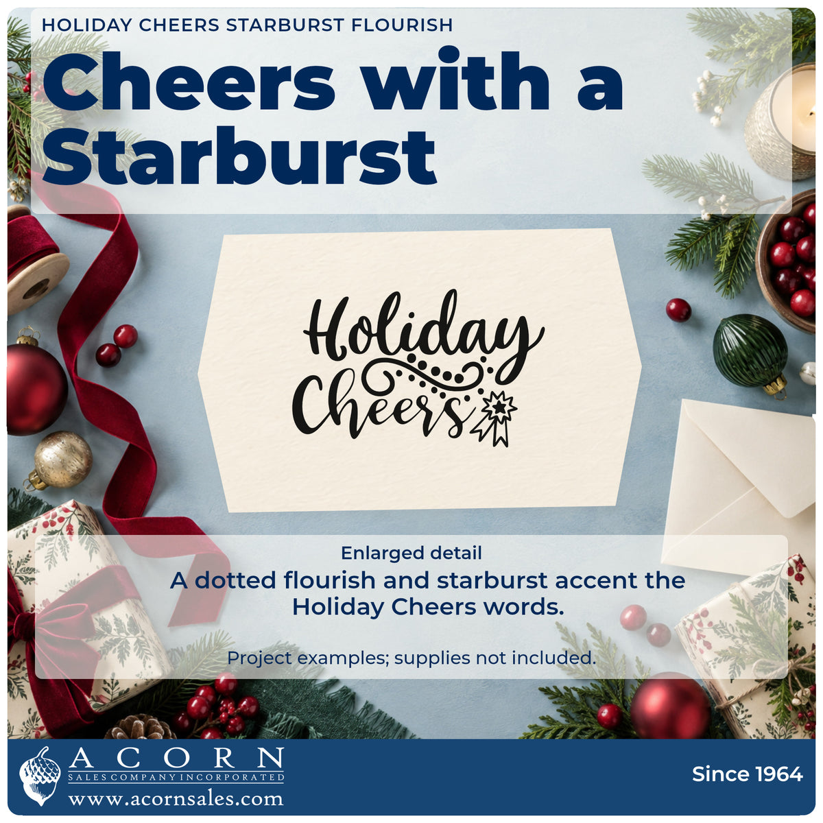 Enlarged detail of the Holiday Cheers Starburst Flourish Premium Wooden Stamp – Vintage Pro imprint. The words "Holiday cheers" appear with a dotted flourish and a starburst accent.