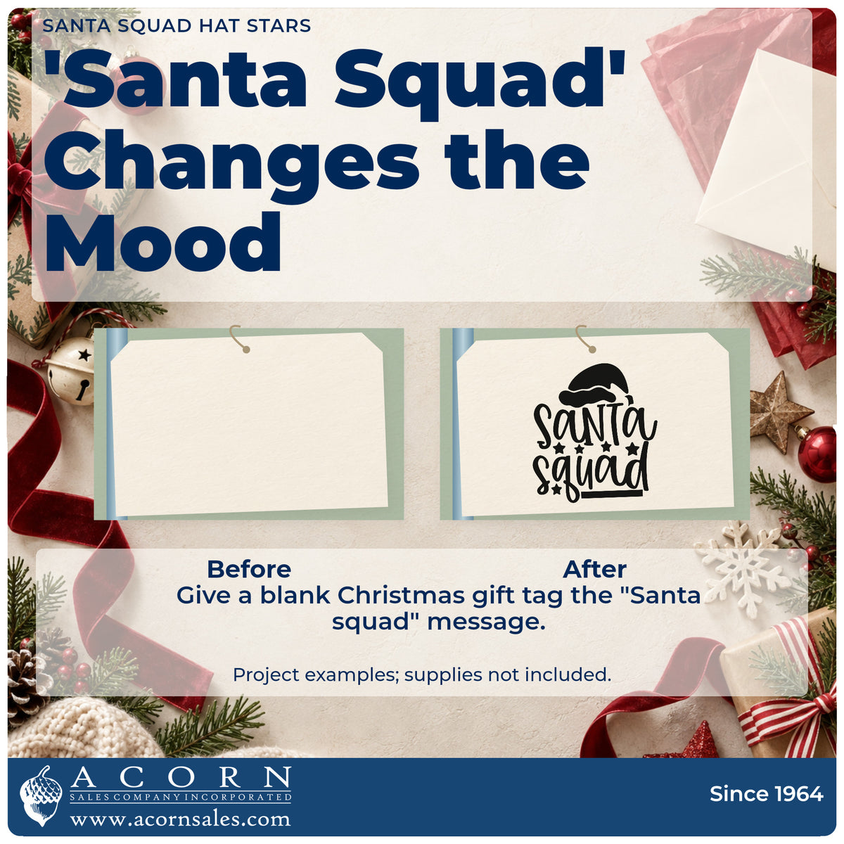 Before and after of a plain item finished with the Santa Squad Hat Stars Lettering Rubber Stamp – Duo Hand, a quick upgrade for framed den wall.