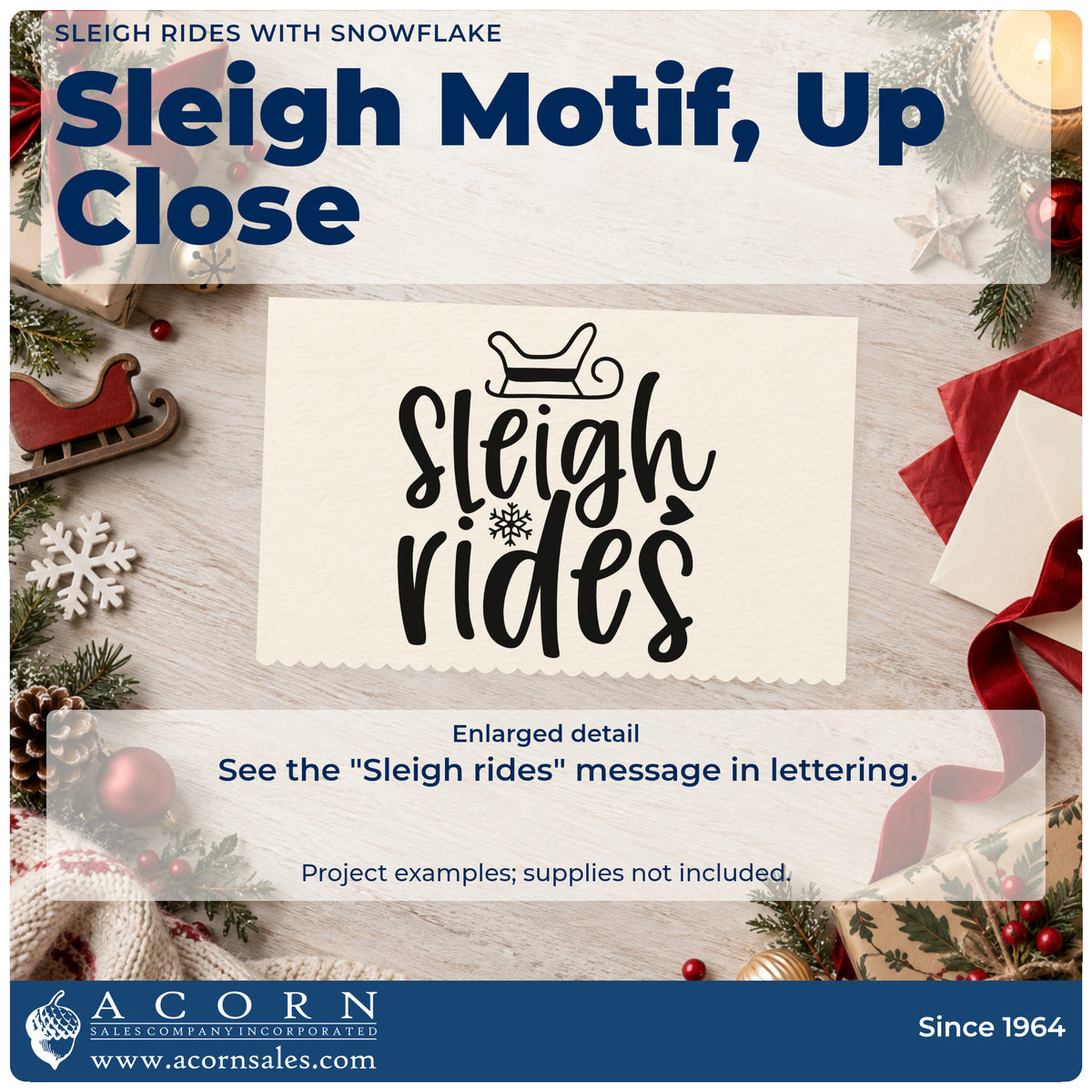 Enlarged detail of the Sleigh Rides With Snowflake Wood Handle Stamp imprint. The words "Sleigh rides" appear beneath a sleigh with a snowflake accent.