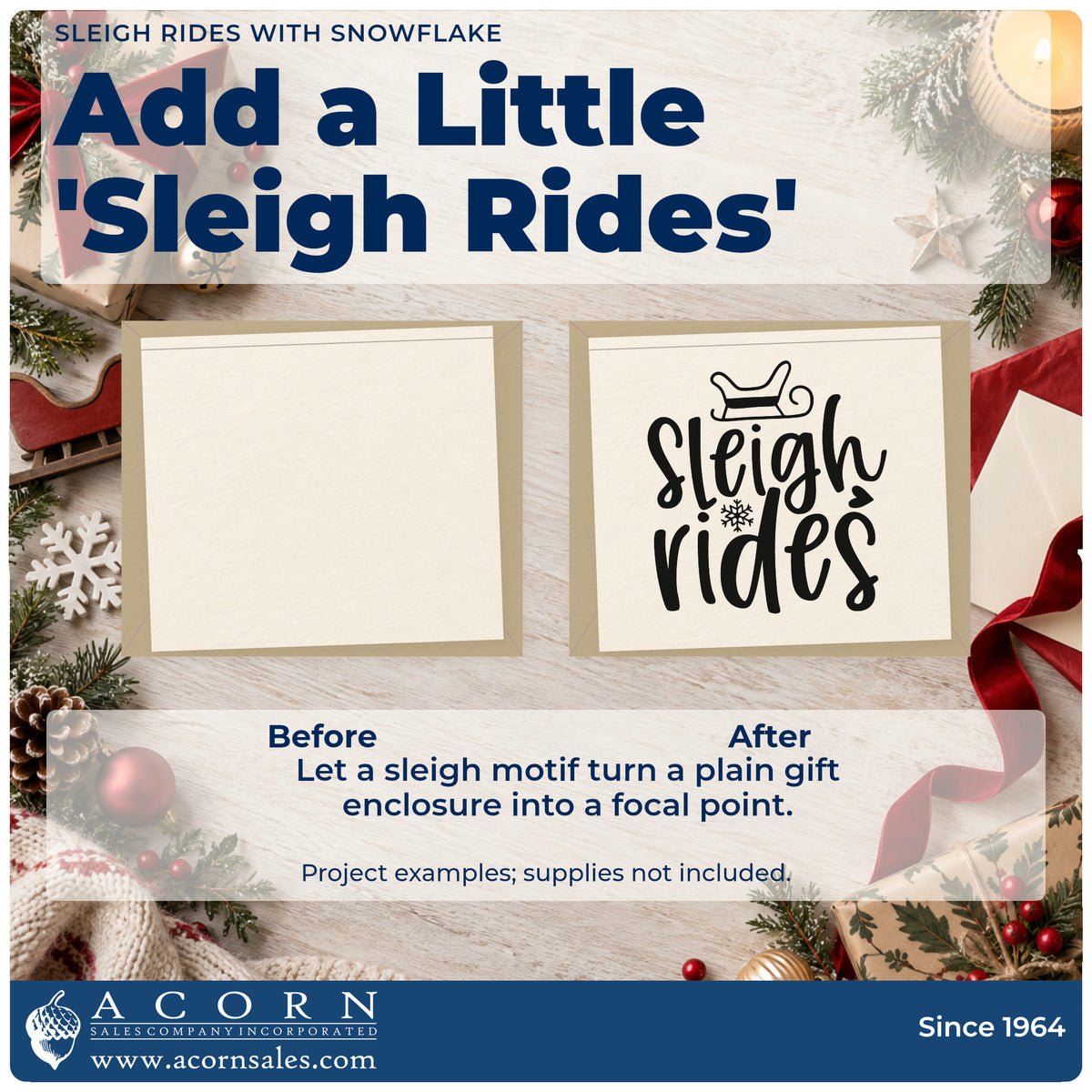 Before and after of a plain item finished with the Sleigh Rides With Snowflake Stamp – PSI Pre-Inked, a quick upgrade for framed lobby alcove.