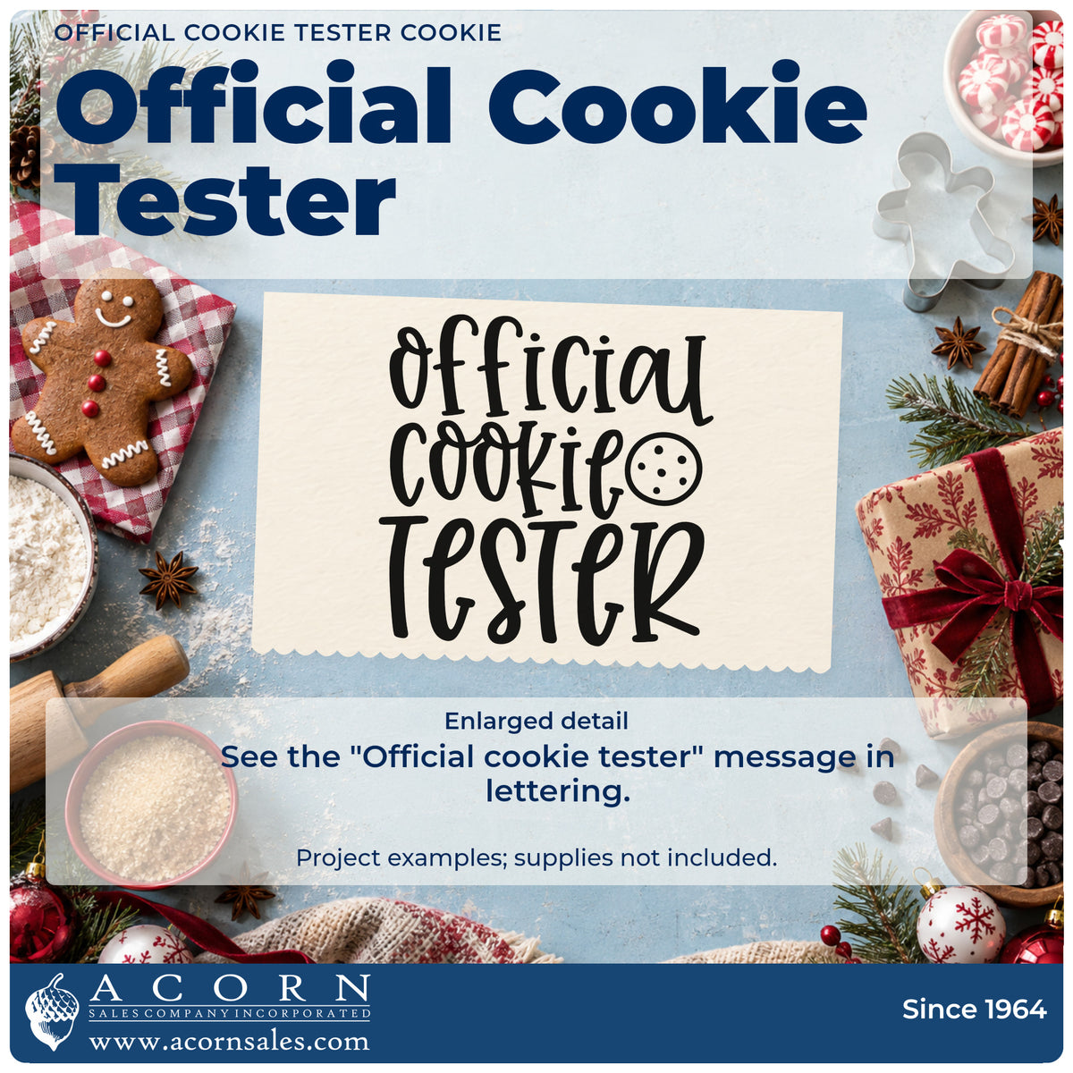 Enlarged detail of the Official Cookie Tester With Round Cookie Stamp – Premium Vintage Pro Wooden imprint. The words "Official cookie tester" appear in tall lettering beside a round cookie.