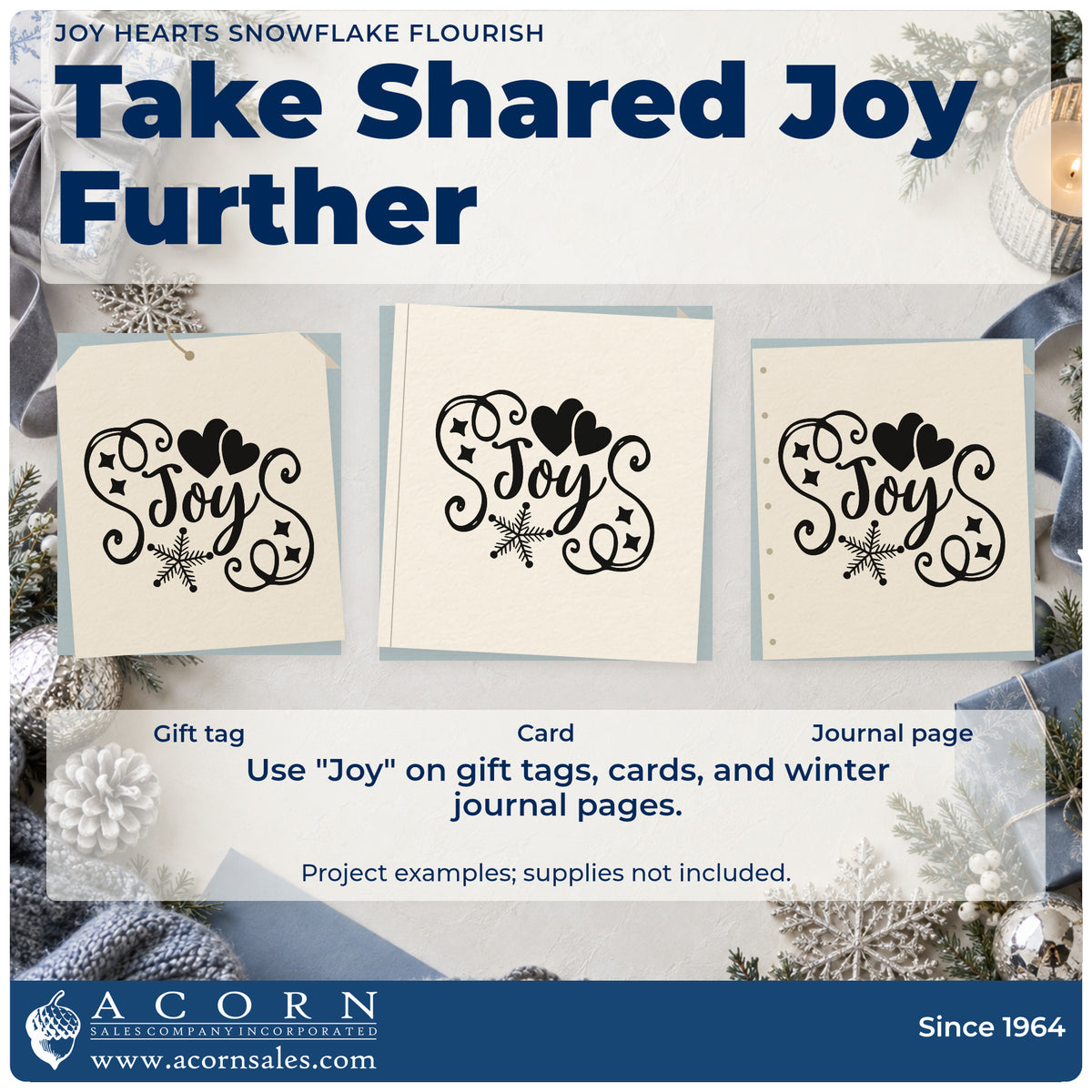 Three project examples made with the Premium Wooden Joy Hearts Snowflake Flourished Lettering Stamp – Vintage Pro, including kindness log sheet.