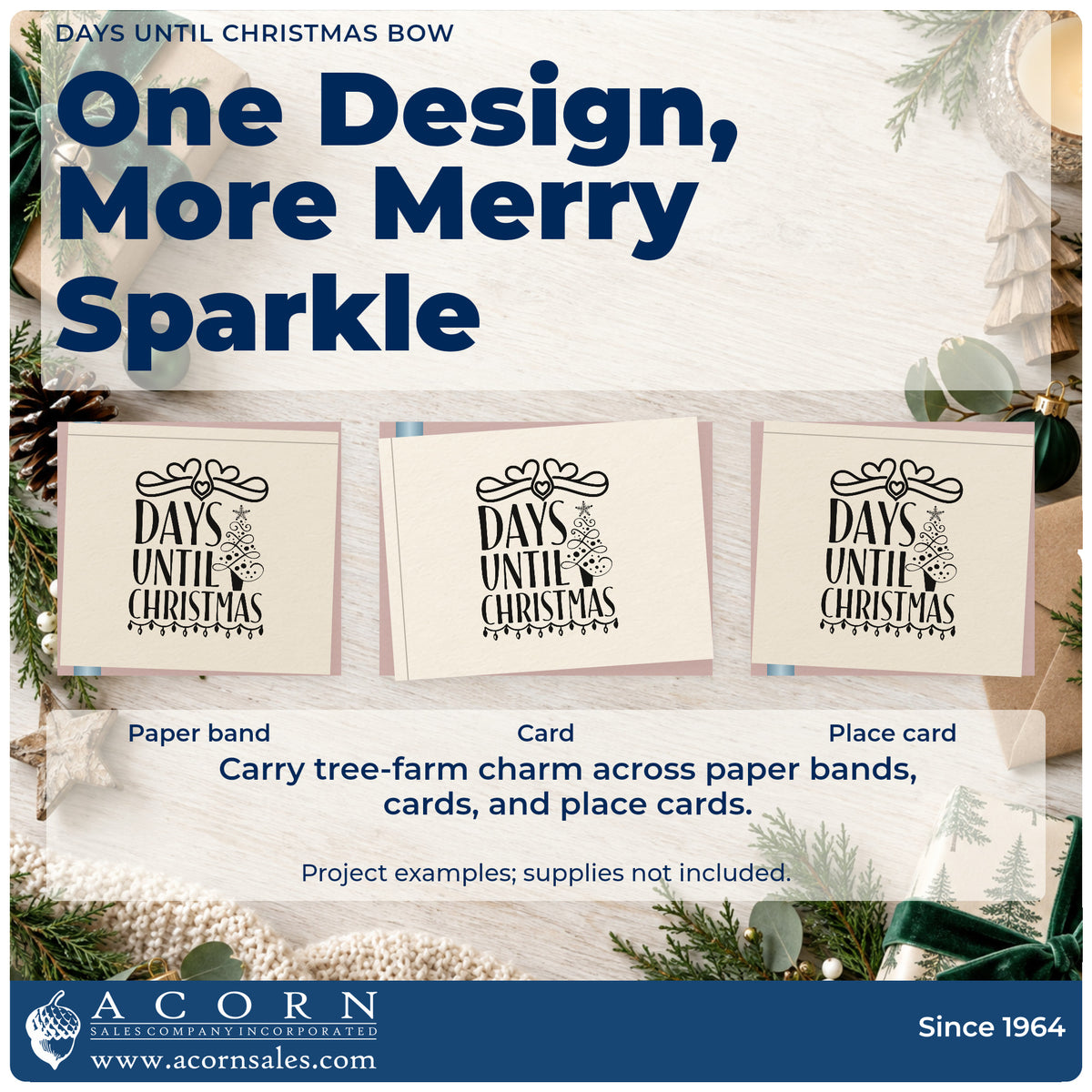 Three project examples made with the Duo Hand Days Until Christmas Bow Rubber Stamp, including daily number sheet.
