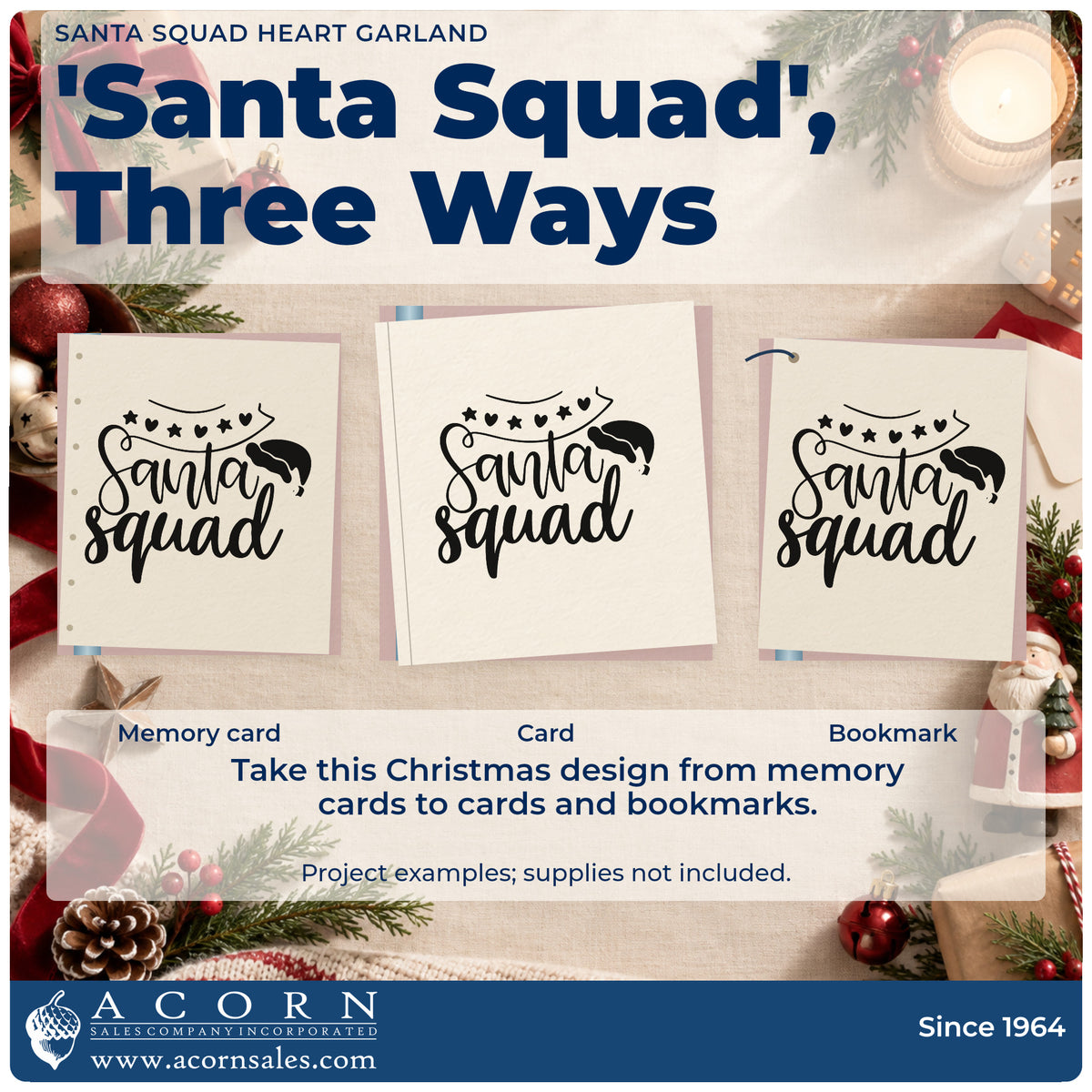Three project examples made with the Santa Squad Heart Garland Hat Hand Stamp – Duo, including header arc sheet.