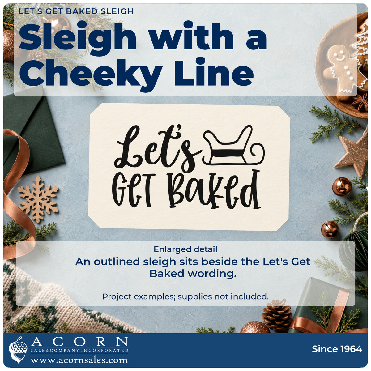 Enlarged detail of the Let's Get Baked Sleigh Outline Detail Hand Stamp – Duo imprint. The words "Let's get baked" appear beside an outlined sleigh.