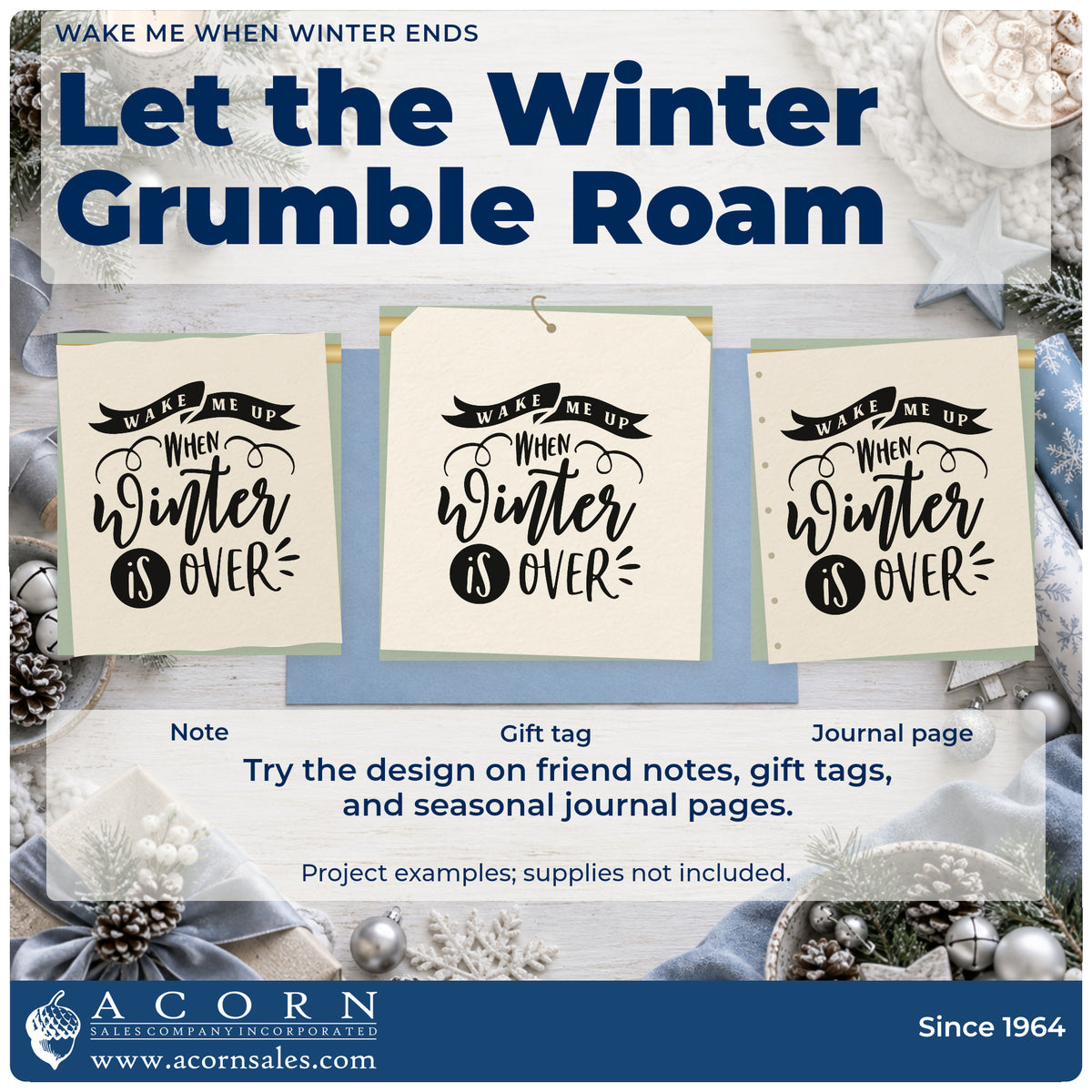 Three project examples made with the Wake Me When Winter Ends Stamp – Duo Hand, including trip packing sheet.