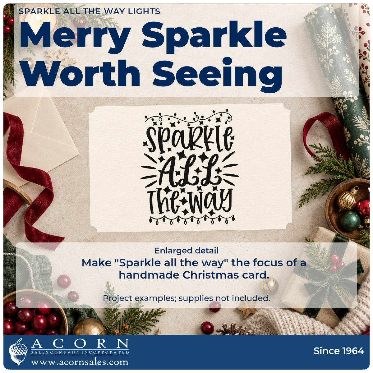 Enlarged detail of the Sparkle All The Way Lights With Stars PSI Pre-Inked Stamp imprint. The words "Sparkle all the way" appear between strands of lights with stars and rays.