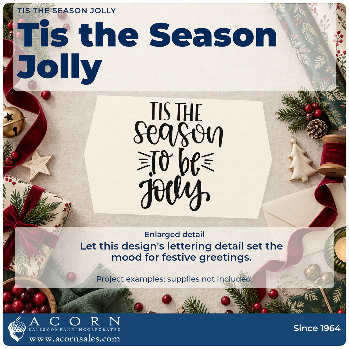Enlarged detail of the Tis The Season Jolly Lettering Stamp – Slim Pre-Inked imprint. The phrase "Tis the season to be jolly" appears in mixed lettering with emphasis lines.