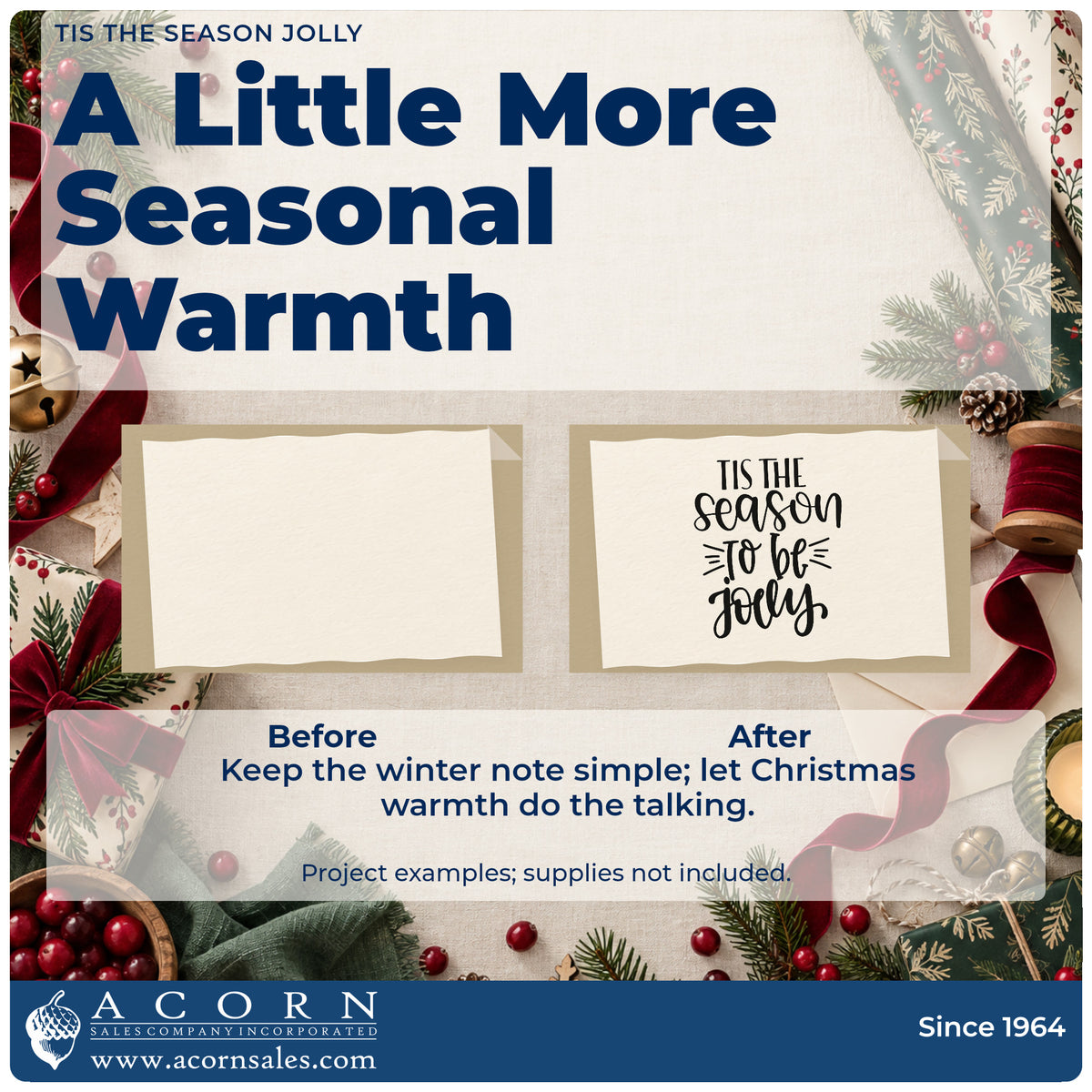 Before and after of a plain item finished with the Tis The Season Jolly Lettering Stamp – Slim Pre-Inked, a quick upgrade for framed hall plaque.
