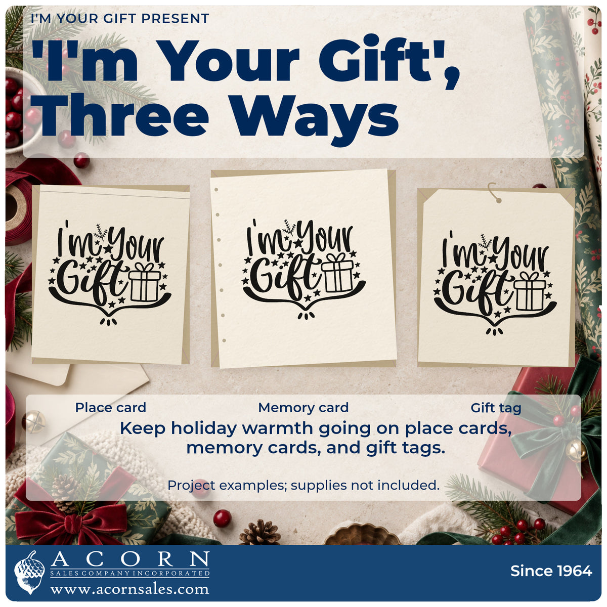 Three project examples made with the I'm Your Gift Present Stamp – Wood Handle, including date night sheet.