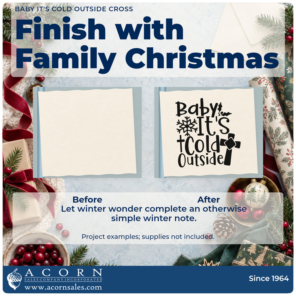 Before and after of a plain item finished with the Baby It's Cold Outside With Cross Hand Stamp – Duo, a quick upgrade for framed fellowship hall.