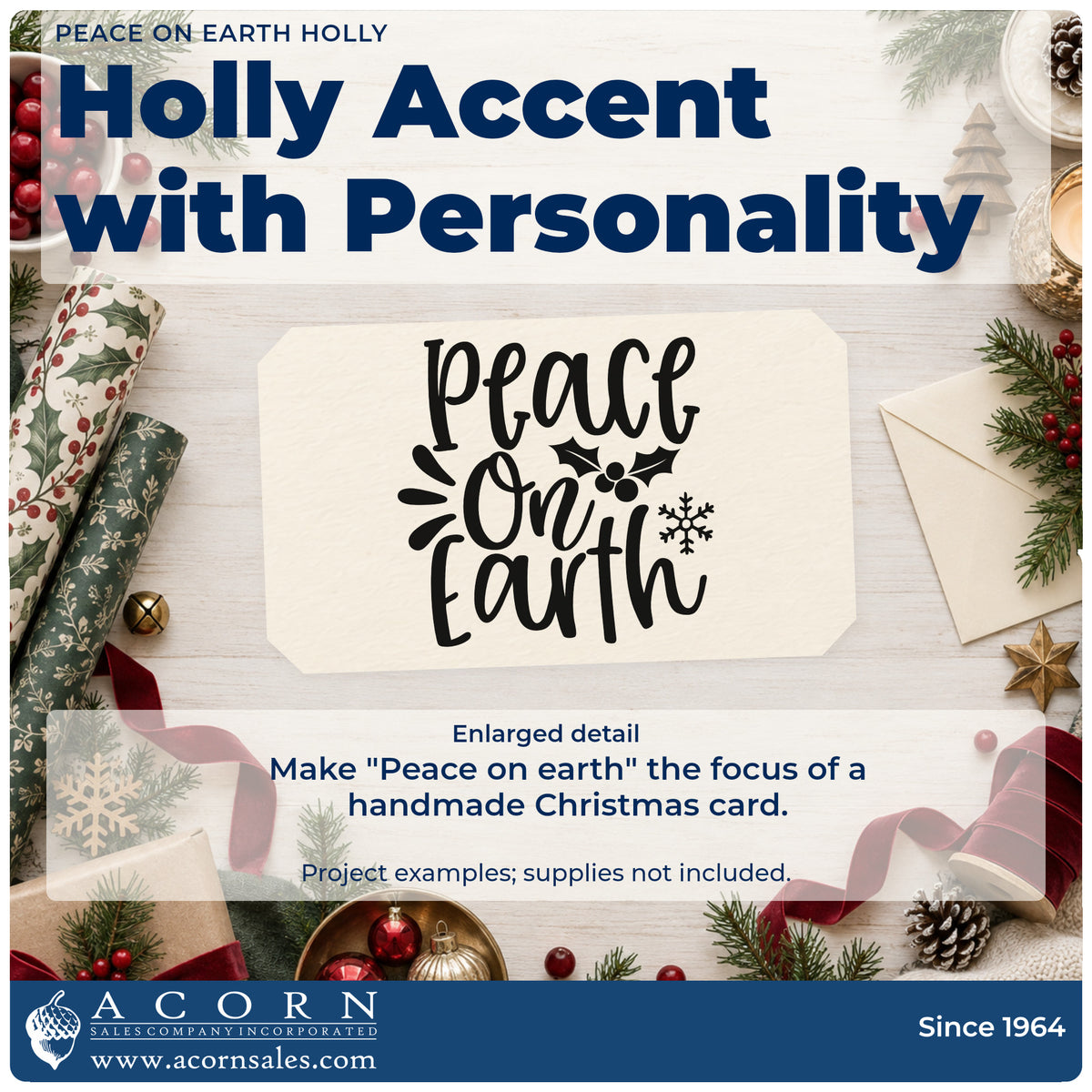 Enlarged detail of the Self-Inking Peace On Earth Holly Stamp imprint. The words "Peace on earth" appear with holly, a snowflake, and decorative strokes.