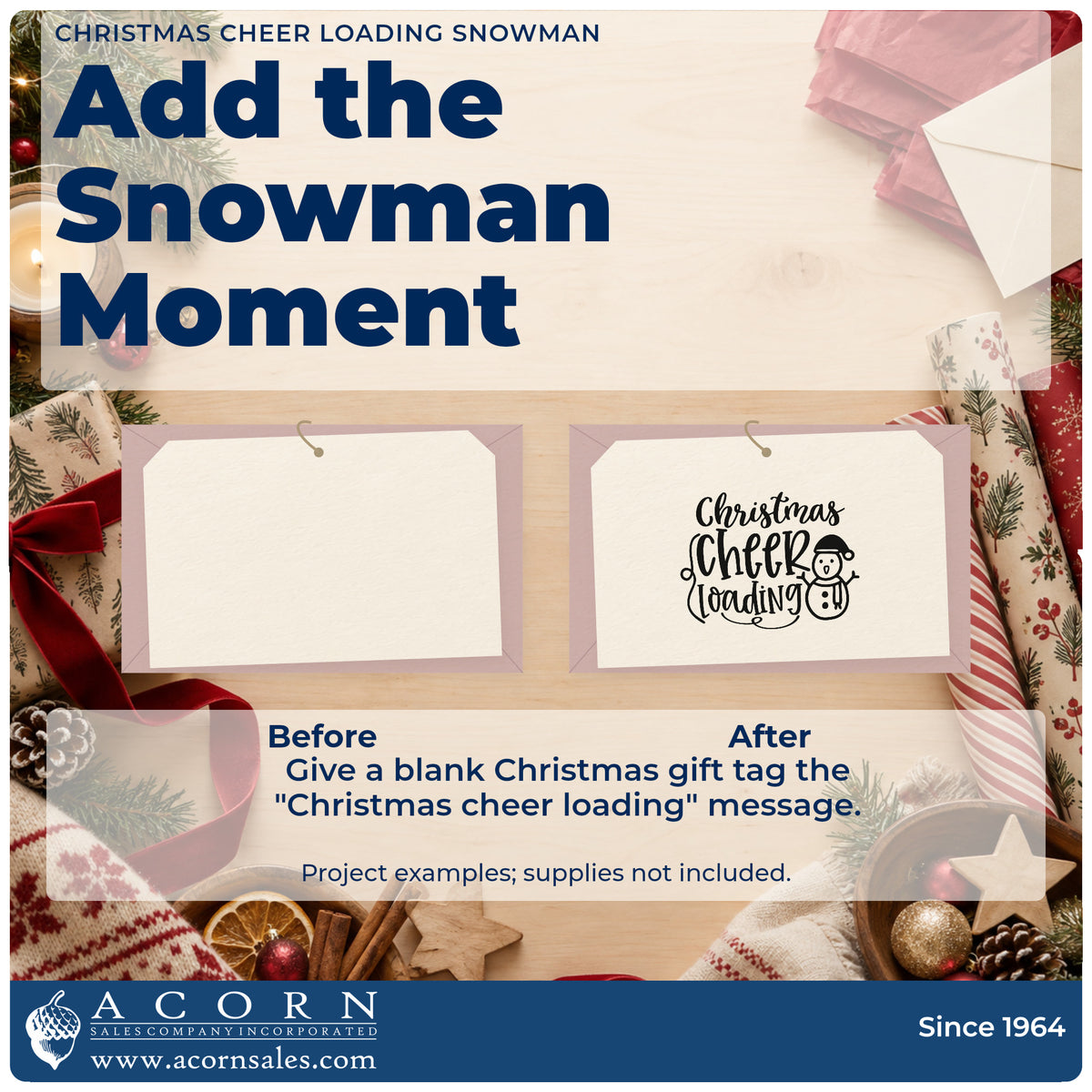 Before and after of a plain item finished with the Christmas Cheer Loading Snowman Self-Inking Stamp, a quick upgrade for framed play room.