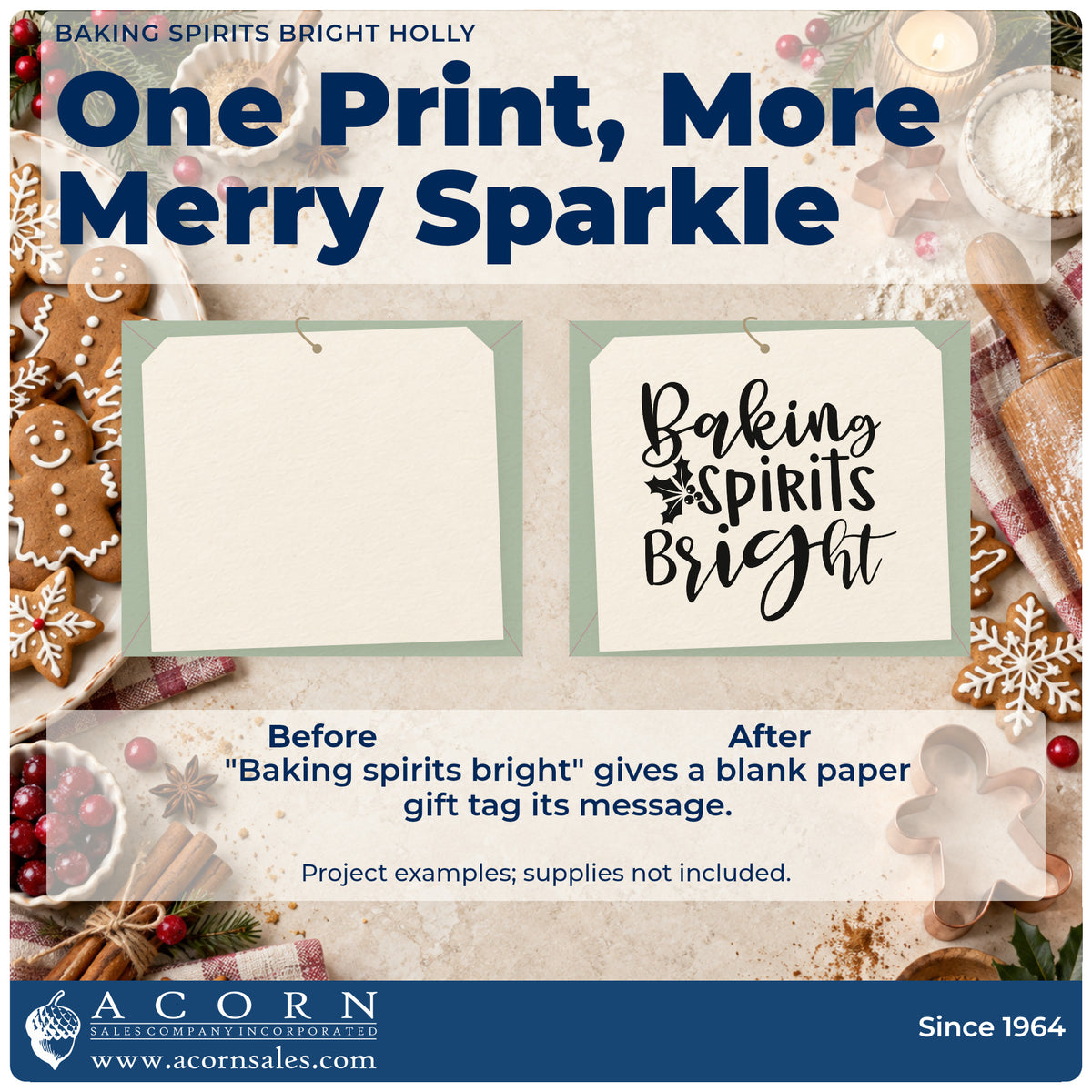 Before and after of a plain item finished with the Baking Spirits Bright Holly Lettering Stamp – Self-Inking, a quick upgrade for framed counter ledge.