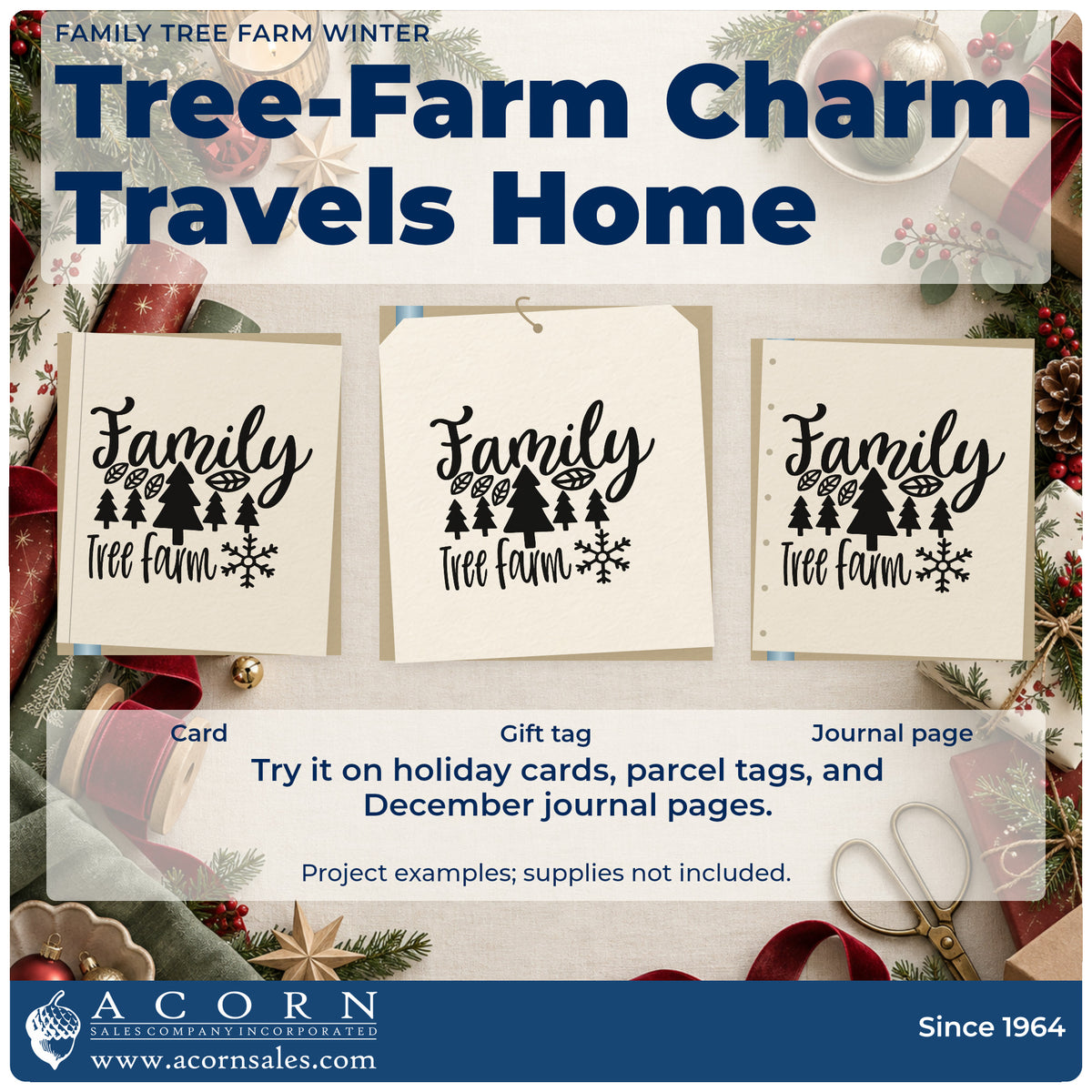 Three project examples made with the Pre-Inked Family Tree Farm Winter Pine Motif Stamp – PSI, including season total sheet.