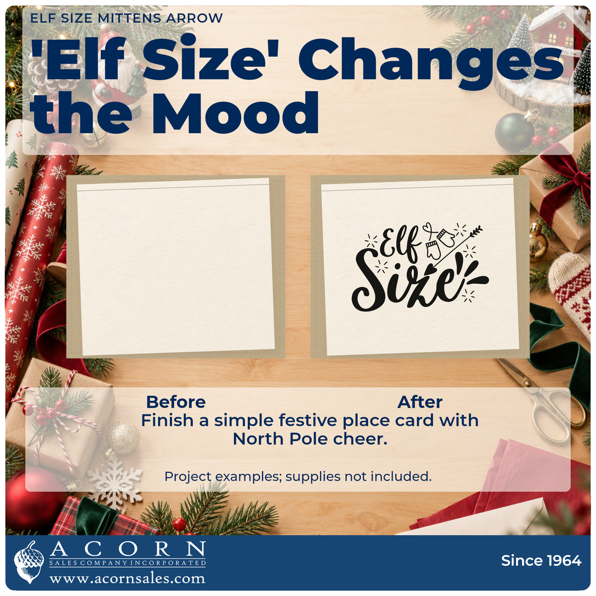 Before and after of a plain item finished with the Elf Size Mittens Arrow Rubber Stamp – Duo Hand, a quick upgrade for mitten cuff printing.