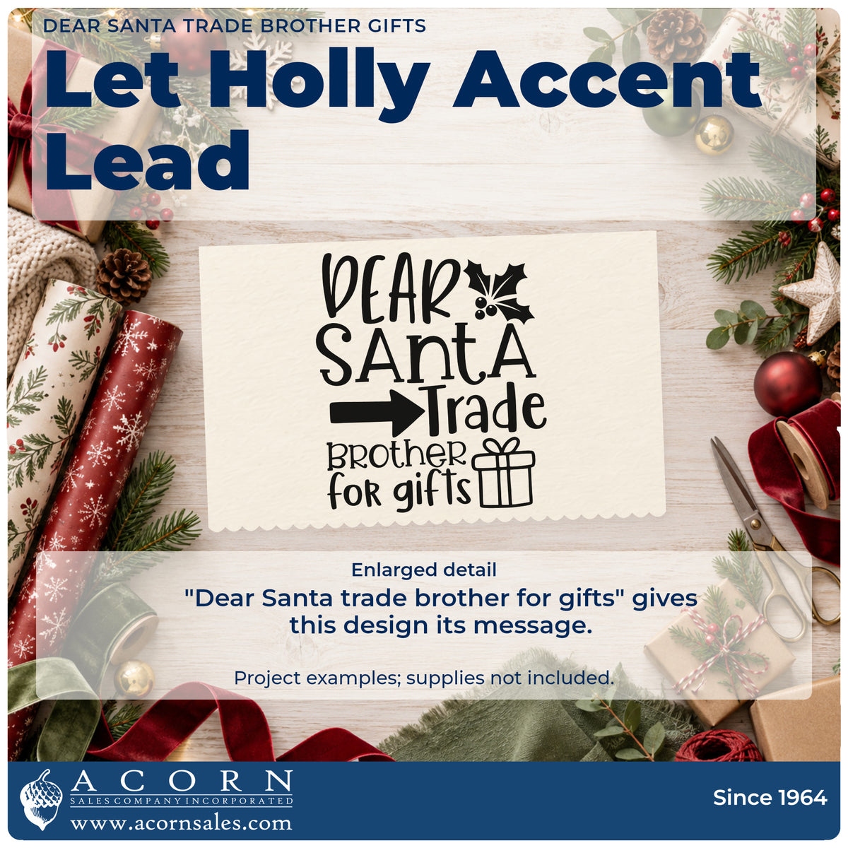 Enlarged detail of the Dear Santa Trade Brother For Gifts Premium Wooden Stamp – Vintage Pro imprint. The phrase "Dear Santa trade brother for gifts" includes holly, a bold arrow, and a wrapped present.