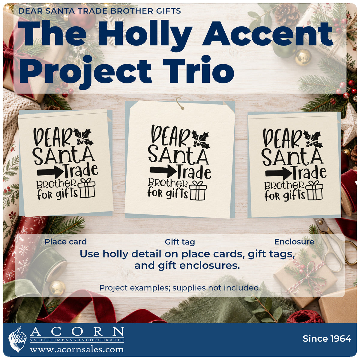 Three project examples made with the Dear Santa Trade Brother For Gifts Premium Wooden Stamp – Vintage Pro, including duty trade sheet.