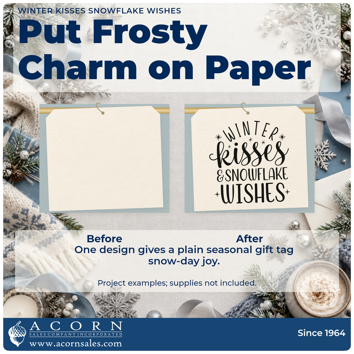 Before and after of a plain item finished with the Winter Kisses & Snowflake Wishes Premium Wood-Mounted Stamp – Vintage Pro, a quick upgrade for framed dresser pair.