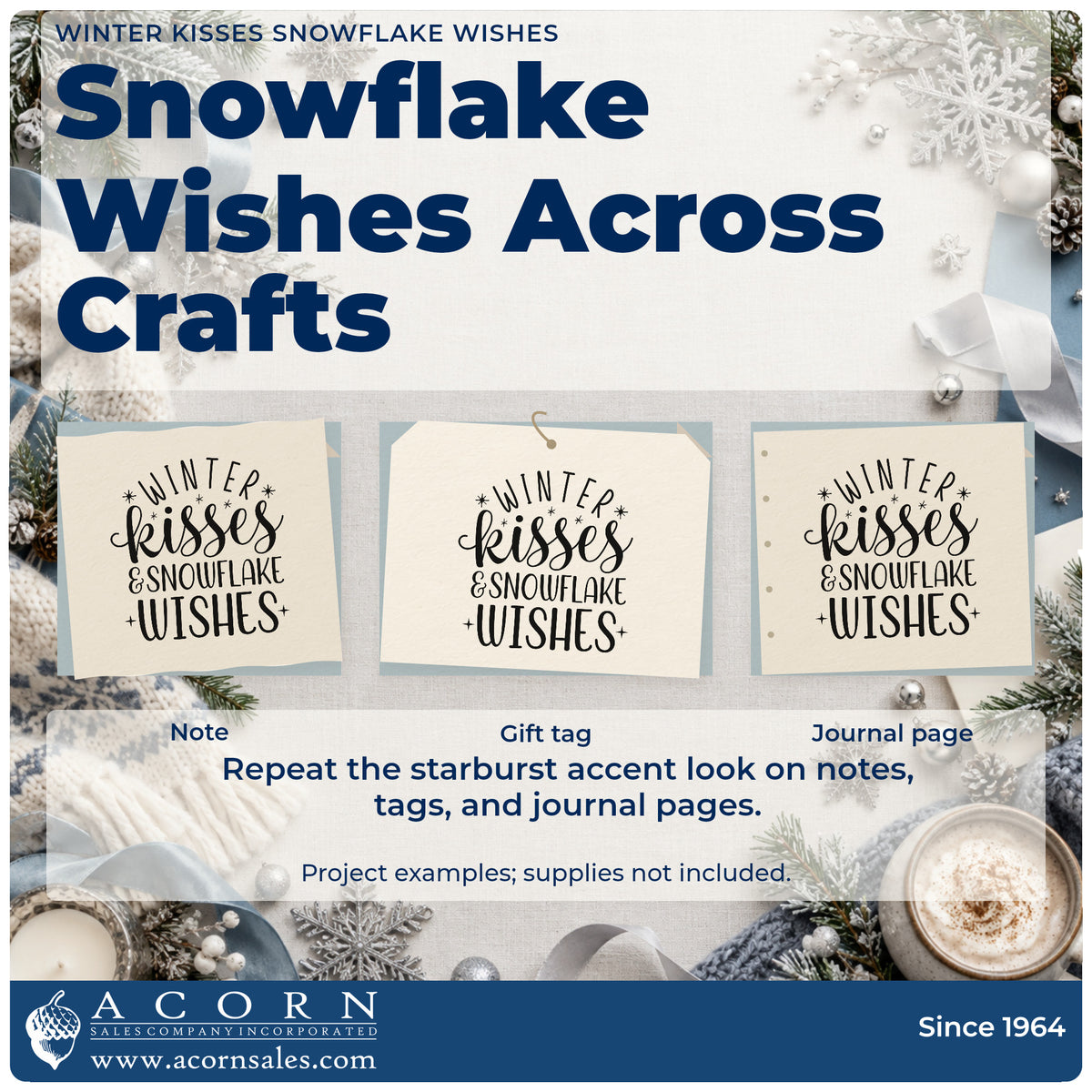 Three project examples made with the Winter Kisses & Snowflake Wishes Premium Wood-Mounted Stamp – Vintage Pro, including love note sheet.
