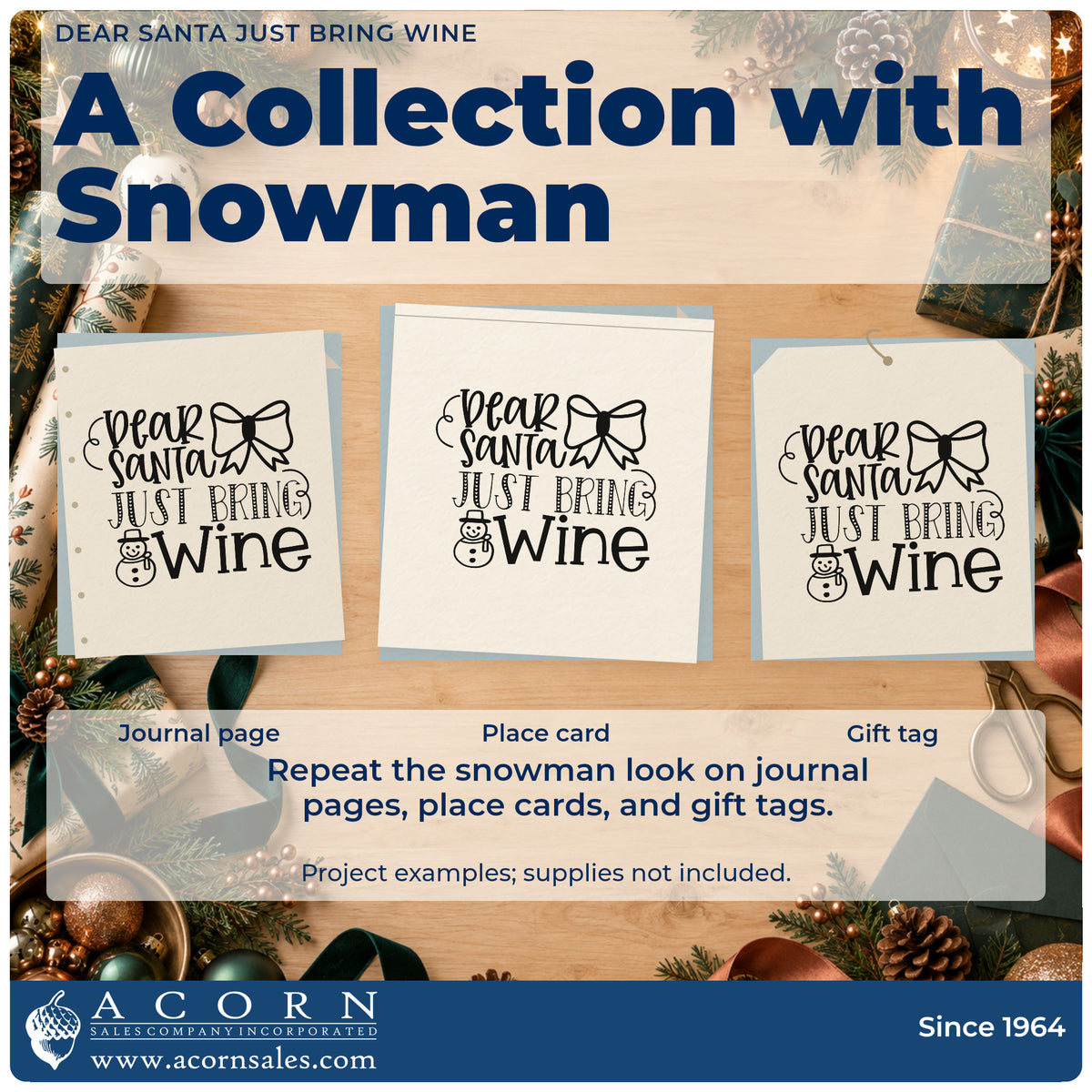 Three project examples made with the Dear Santa Just Bring Wine Snowman Rubber Stamp – Duo Hand, including bottle bow tags.