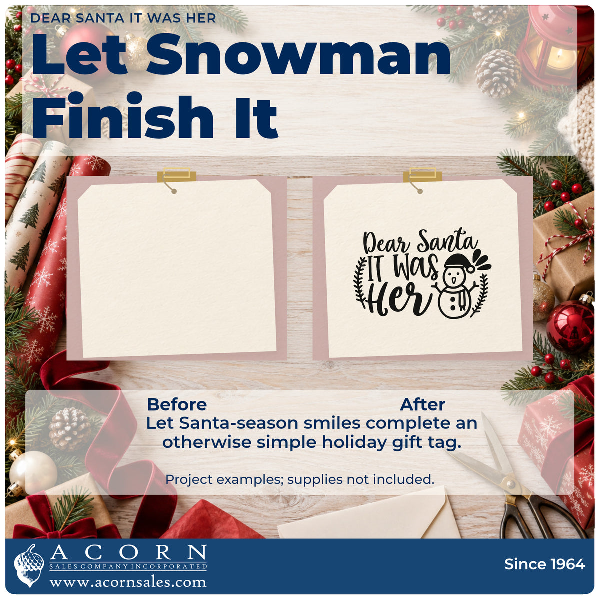 Before and after of a plain item finished with the Dear Santa It Was Her Botanical Sprig Hand Stamp – Duo, a quick upgrade for framed fridge front.
