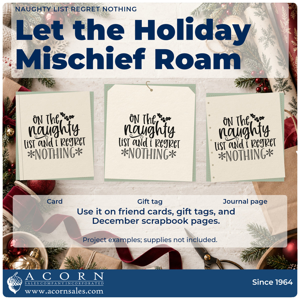 Three project examples made with the Naughty List Regret Nothing Self-Inking Stamp, including bold choice tags.
