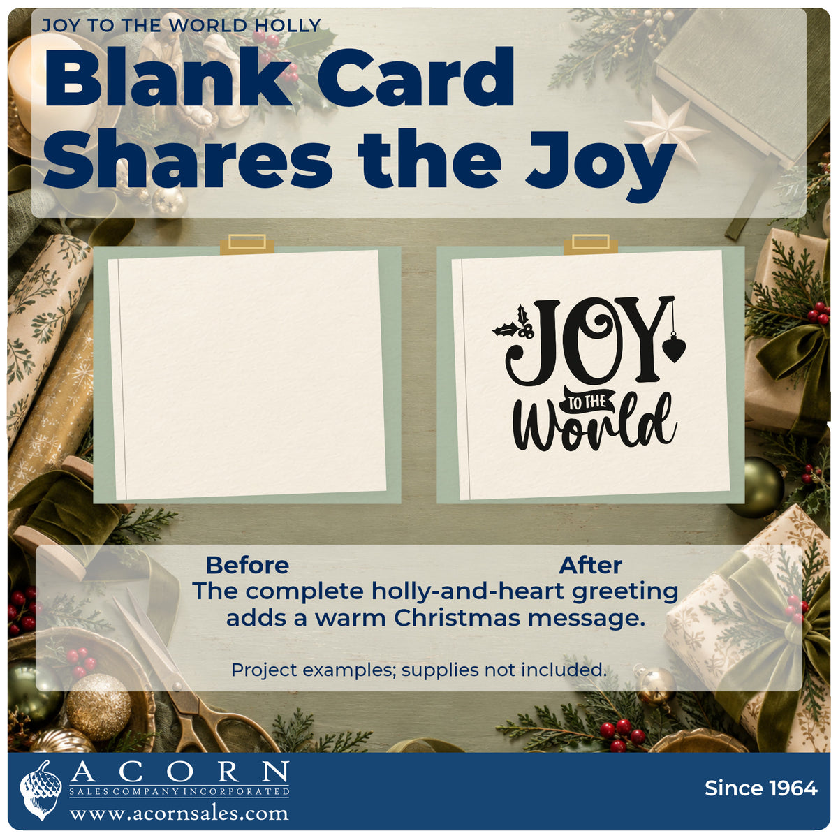 Before and after of a plain item finished with the Joy To The World Holly Rubber Stamp – Duo Hand, a quick upgrade for framed window hook.