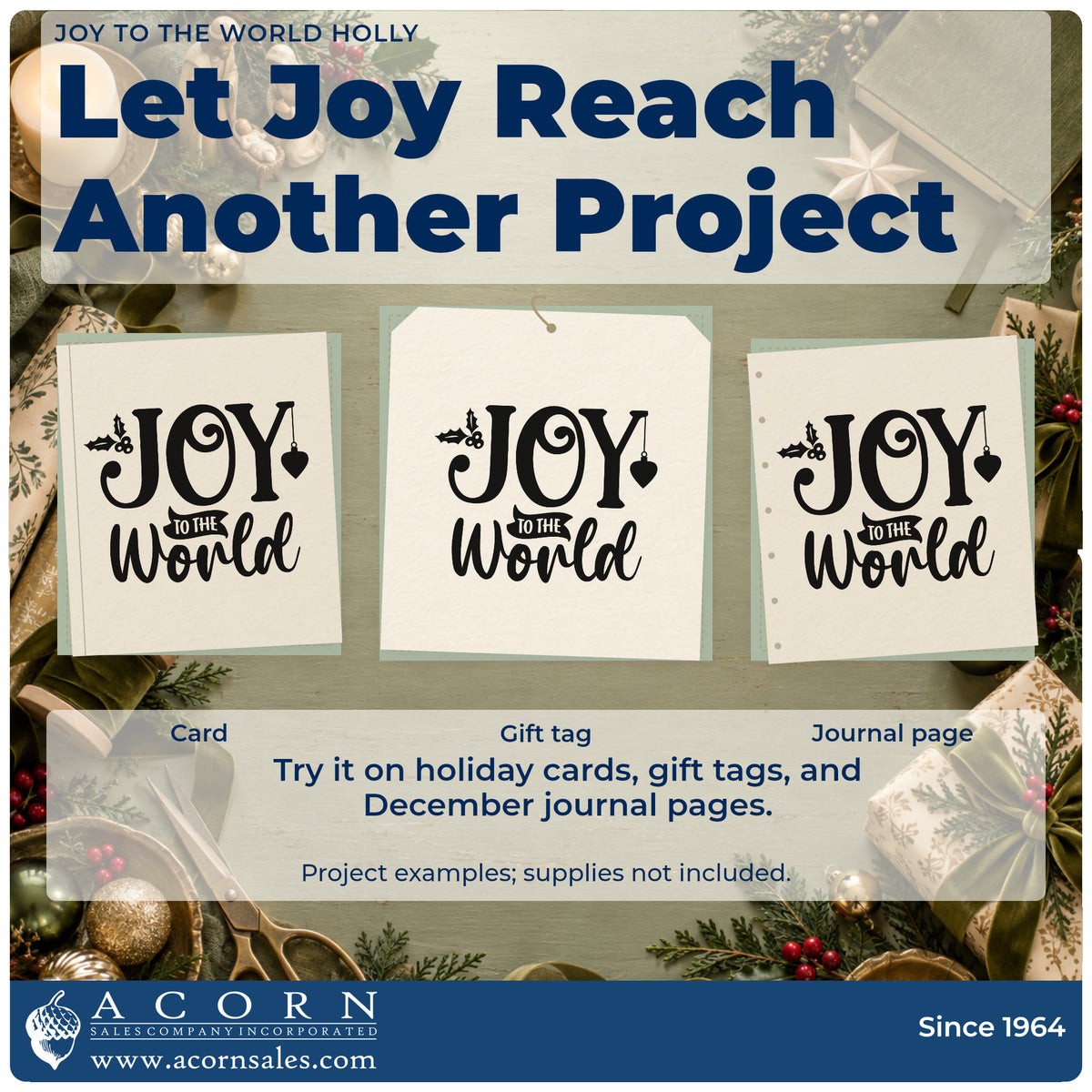 Three project examples made with the Wood Handle Joy To The World Holly Rubber Stamp, including memory note sheet.