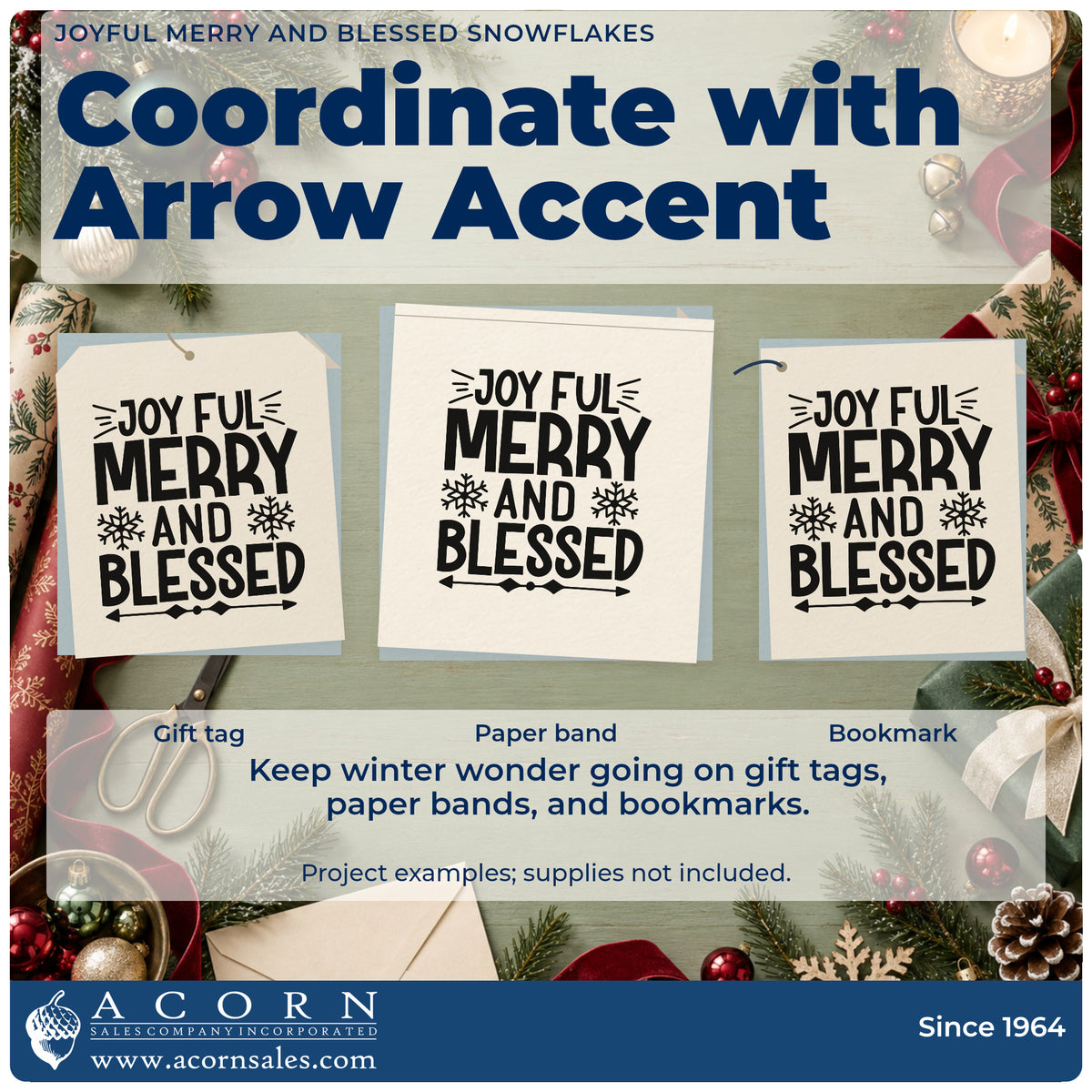 Three project examples made with the Joyful Merry And Blessed Snowflakes Arrow Stamp – Self-Inking, including section rule sheet.