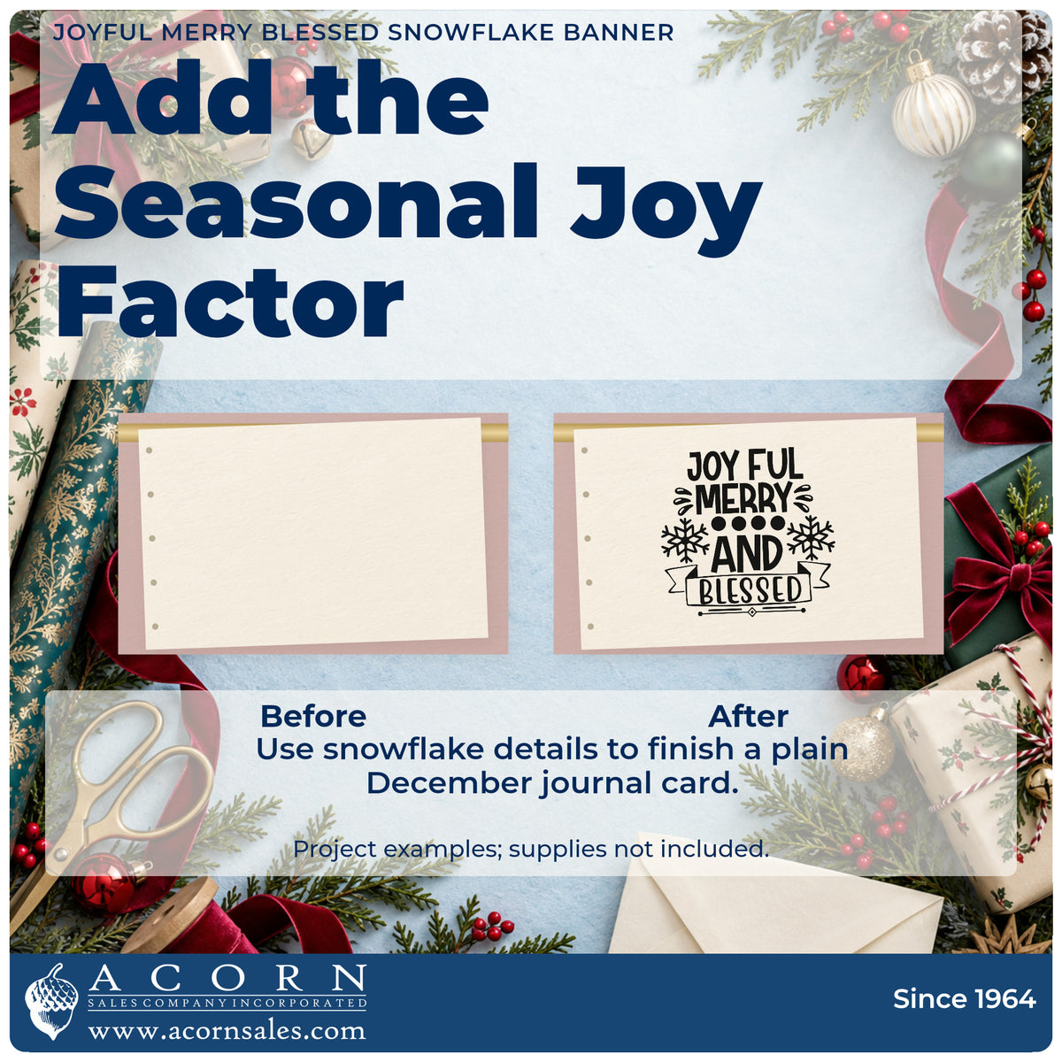Before and after of a plain item finished with the Joyful Merry Blessed Snowflake Banner Rubber Stamp – Duo Hand, a quick upgrade for framed accent print.