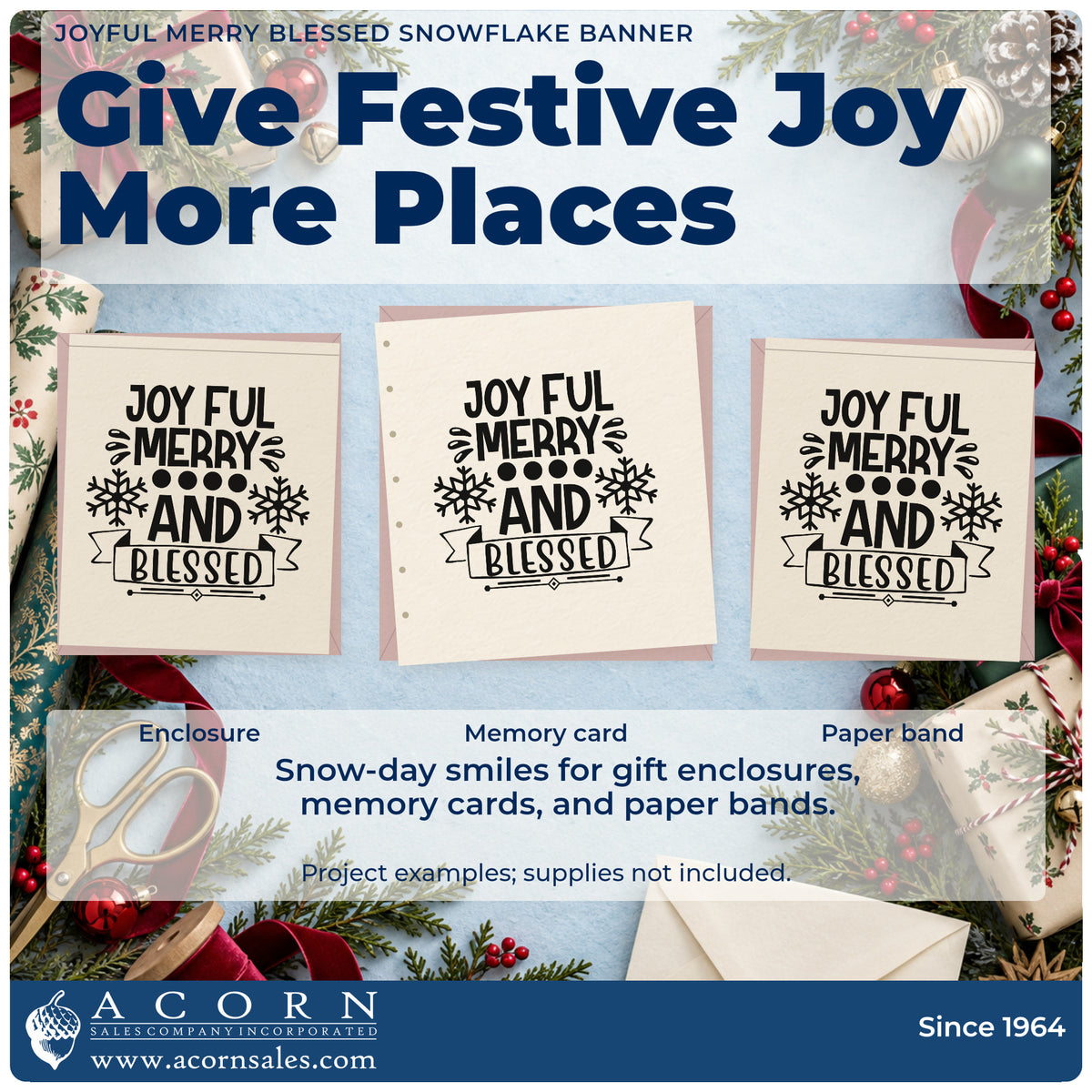 Three project examples made with the Joyful Merry Blessed Snowflake Banner Rubber Stamp – Duo Hand, including highlight note sheet.
