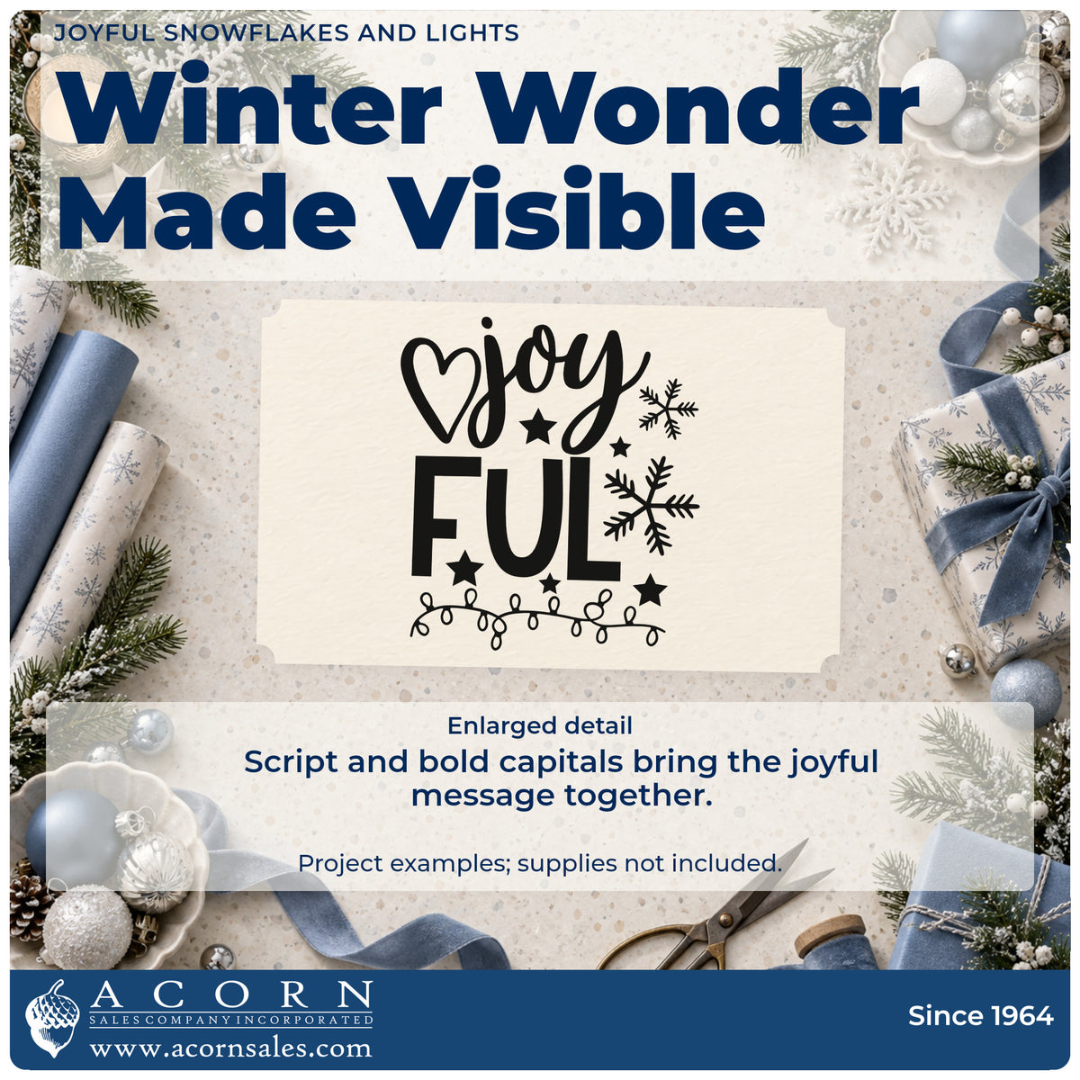 Enlarged detail of the Joyful Snowflakes And Lights With Stars Pre-Inked Stamp – Slim imprint. The word "joyful" is split between script and block letters with a heart, stars, snowflakes, and string lights.