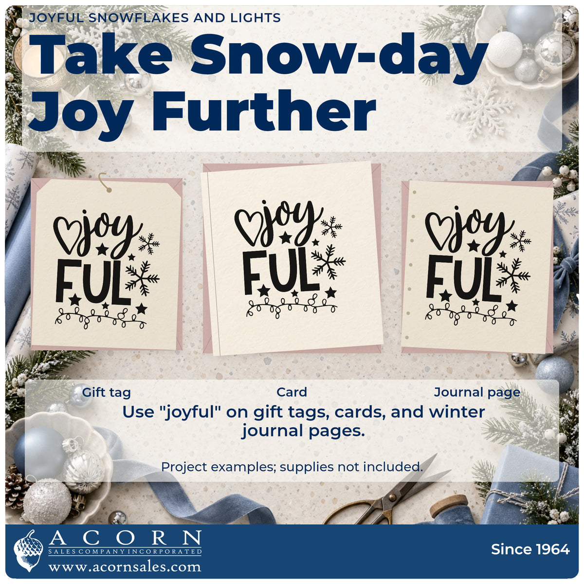 Three project examples made with the Premium Wooden Joyful Snowflakes And Lights With Stars Stamp – Vintage Pro, including mixed case sheet.