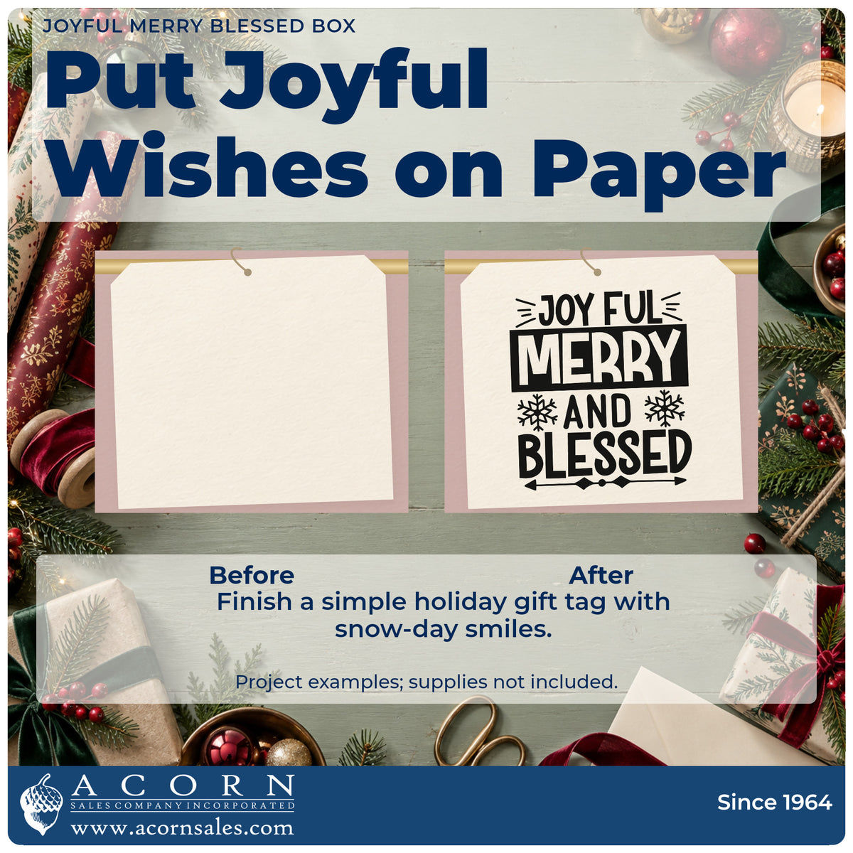 Before and after of a plain item finished with the Joyful Merry Blessed Box Premium Wooden Stamp – Vintage Pro, a quick upgrade for framed contrast mat.