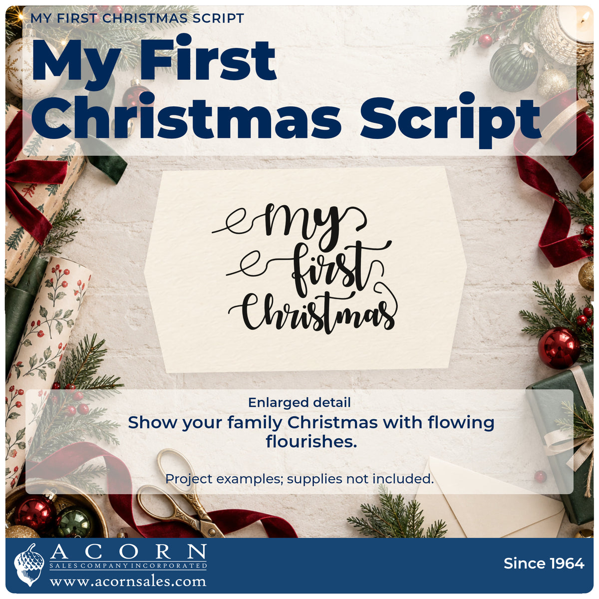 Enlarged detail of the My First Christmas Letter Art Stamp – Premium Vintage Pro Wooden imprint. The words "my first Christmas" appear in flowing script with long curling flourishes.