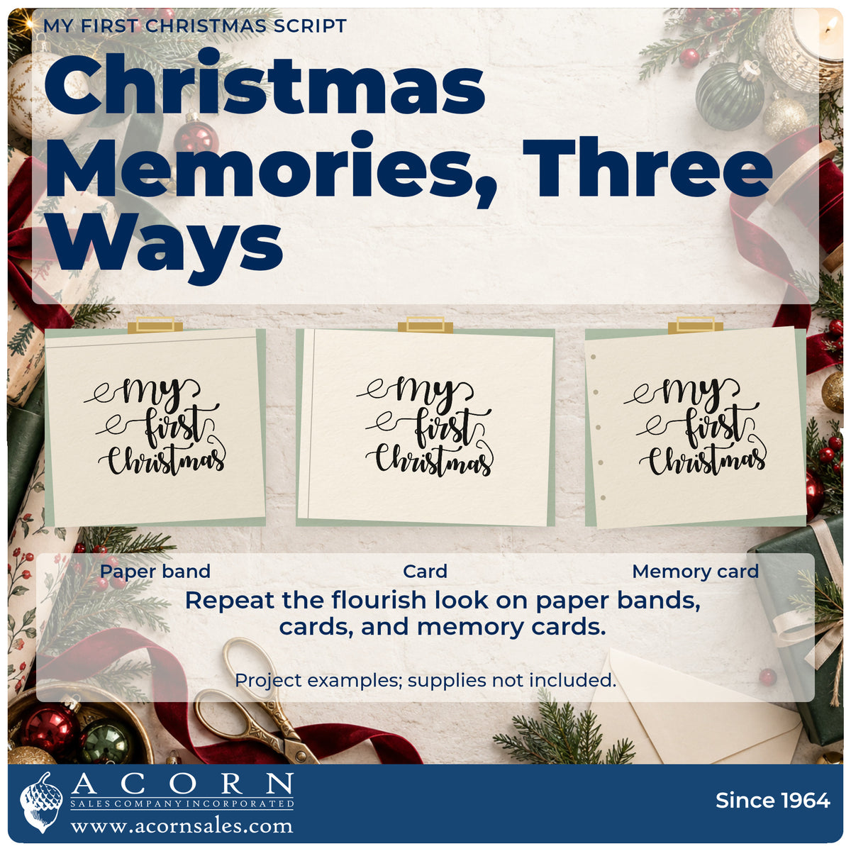 Three project examples made with the My First Christmas Letter Art Duo Hand Stamp, including year one sheet.