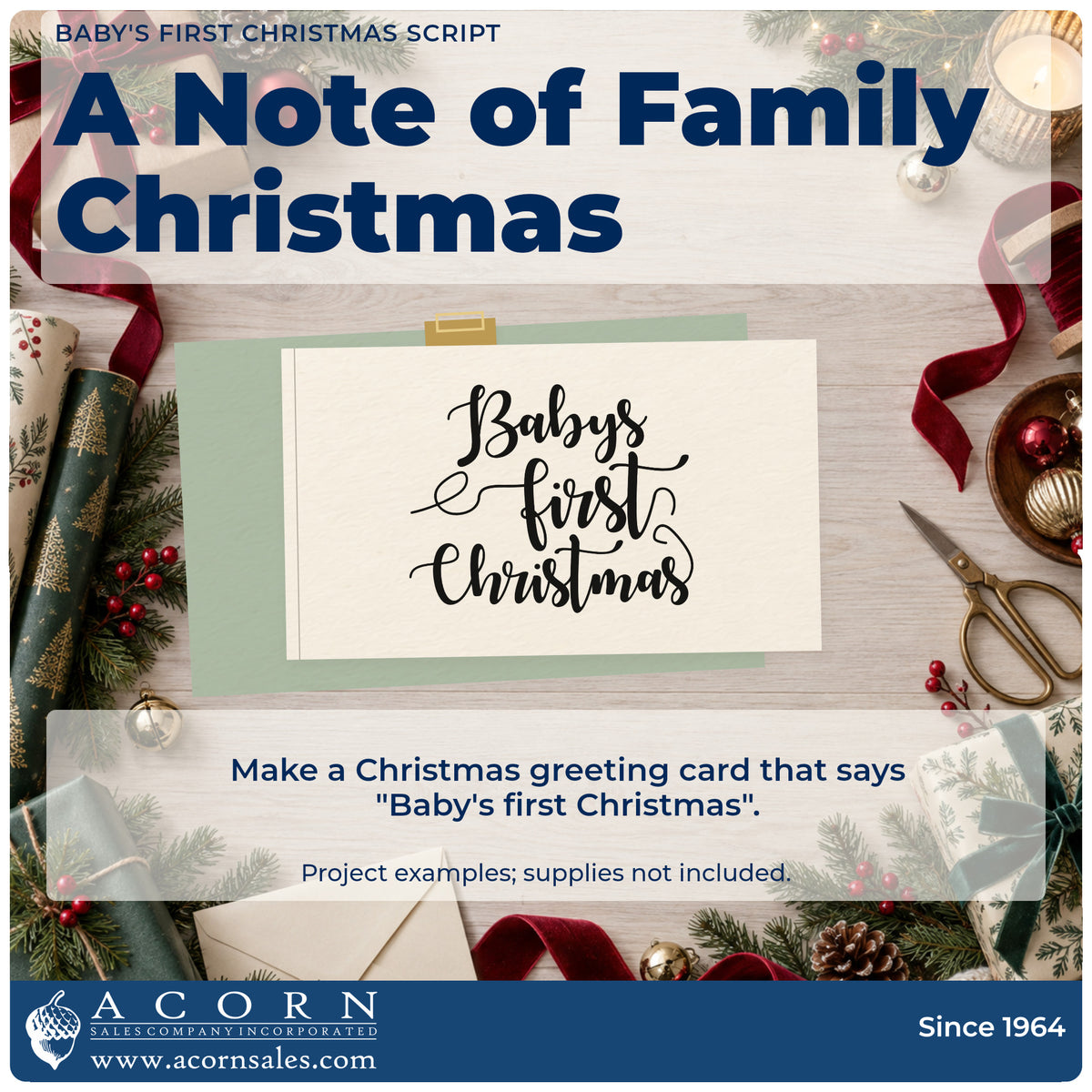 A finished handmade project stamped with the Vintage Pro Baby's First Christmas Script Premium Wooden Stamp, ideal for arrival album page.