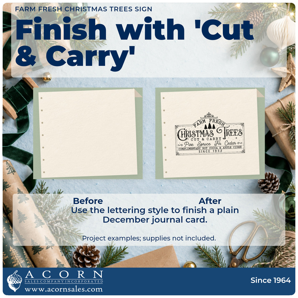 Before and after of a plain item finished with the Farm Fresh Christmas Trees Sign Lettering Premium Wooden Stamp – Vintage Pro, a quick upgrade for framed barn panel.