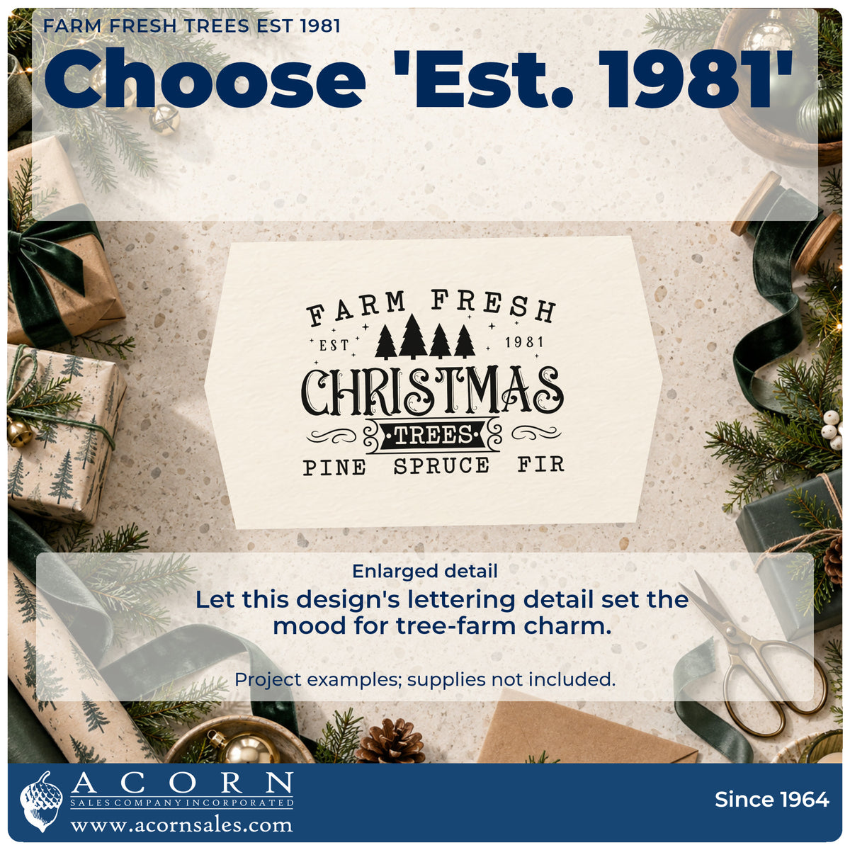 Enlarged detail of the Farm Fresh Trees Est 1981 Stamp – Duo Hand imprint. The words "Farm fresh Christmas trees" appear with a row of trees, "est. 1981," and "pine spruce fir."