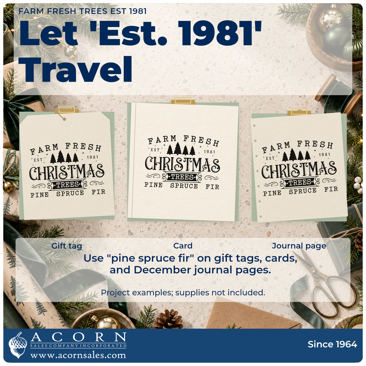 Three project examples made with the Farm Fresh Trees Est 1981 Slim Pre-Inked Stamp, including year record sheet.