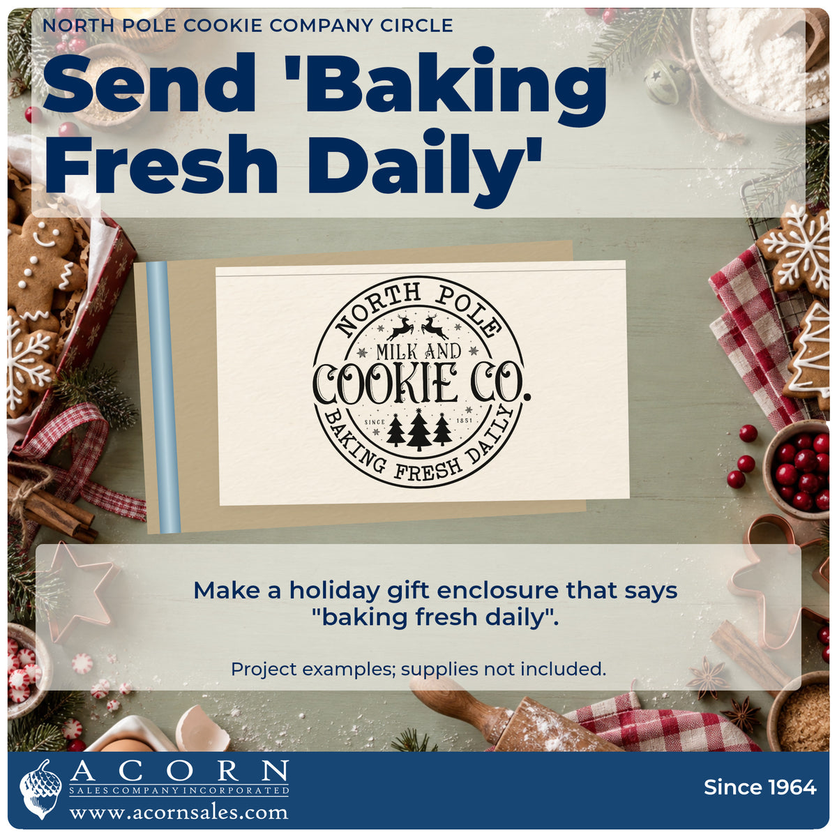 A finished handmade project stamped with the North Pole Cookie Company Circle Self-Inking Stamp, ideal for branding album page.